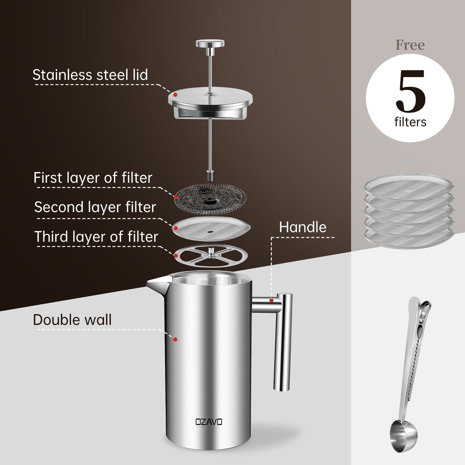 OZAVO Kaffeebereiter French Press 1000ML mit 5 Ersatzfilter und 1 Löffel, Doppelwandige Edelstahl Kaffeekanne Kaffeepress Silber