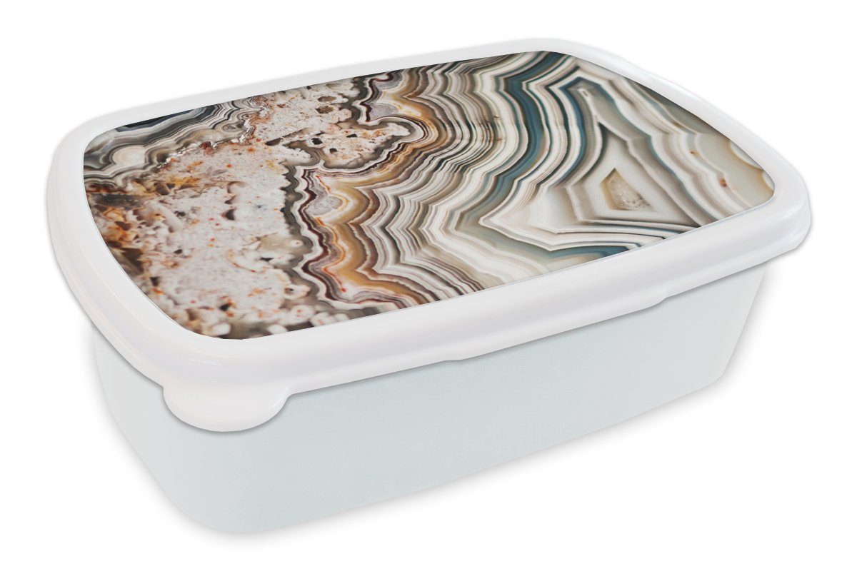 MuchoWow Lunchbox Edelstein - Marmor - Natur - Abstrakt, Kunststoff, (2-tlg), Brotbox für Kinder und Erwachsene, Brotdose, für Jungs und Mädchen weiß