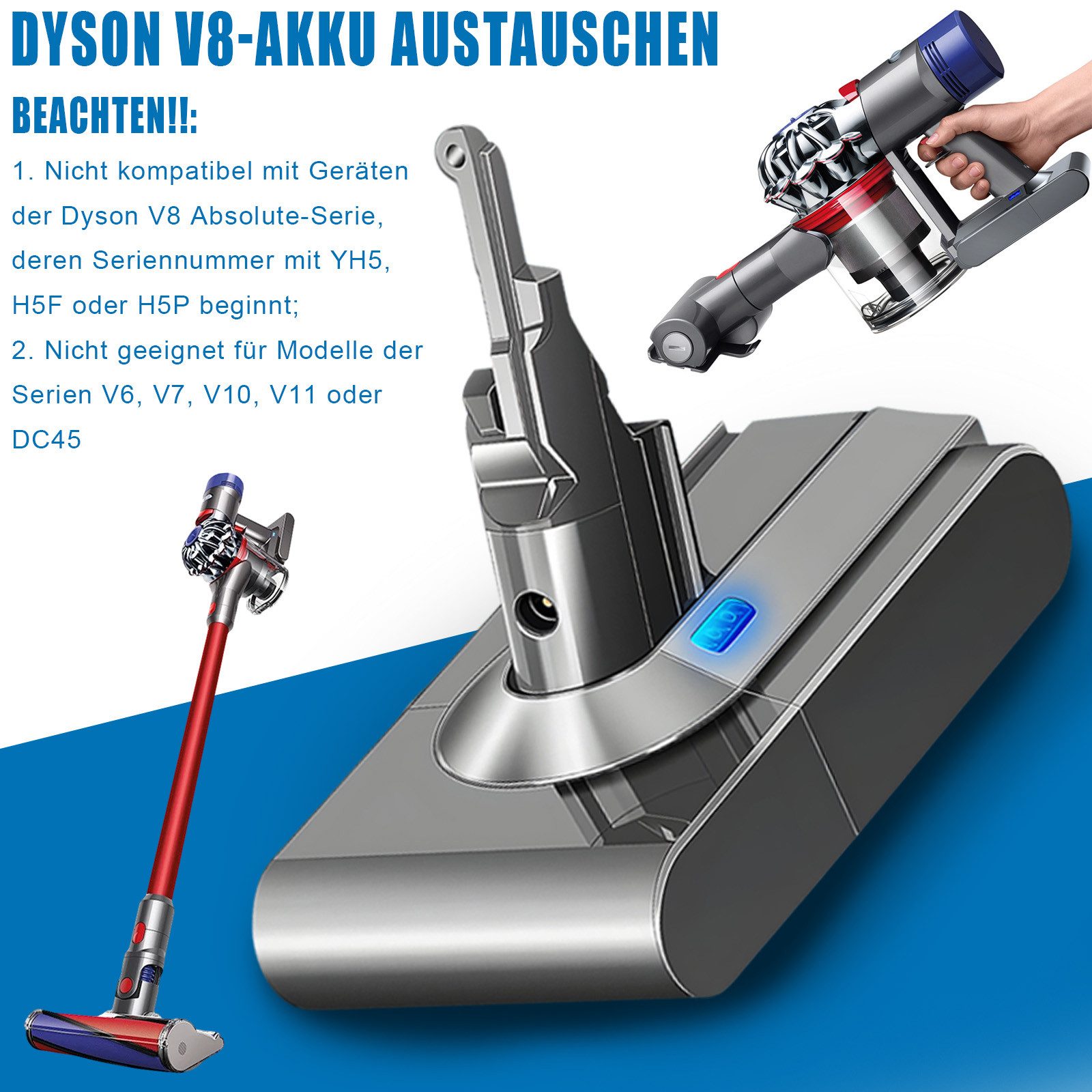 AKKEE 4600mAh Ersatzakku für Dyson V8 SV10 Akku Li-Ionen Batterie Staubsauger-Akku, Für Dyson V8 Absolute V8 Animal V8 Fluffy V8 Motorhead SV10