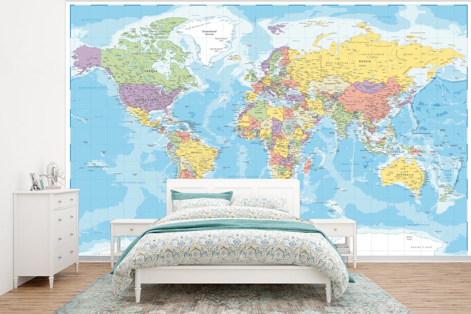 MuchoWow Fototapete Welt - Karte - Farben - Flagge, Matt, bedruckt, (6 St), Wallpaper für Wohnzimmer, Schlafzimmer, Kinderzimmer, Vinyl Tapete