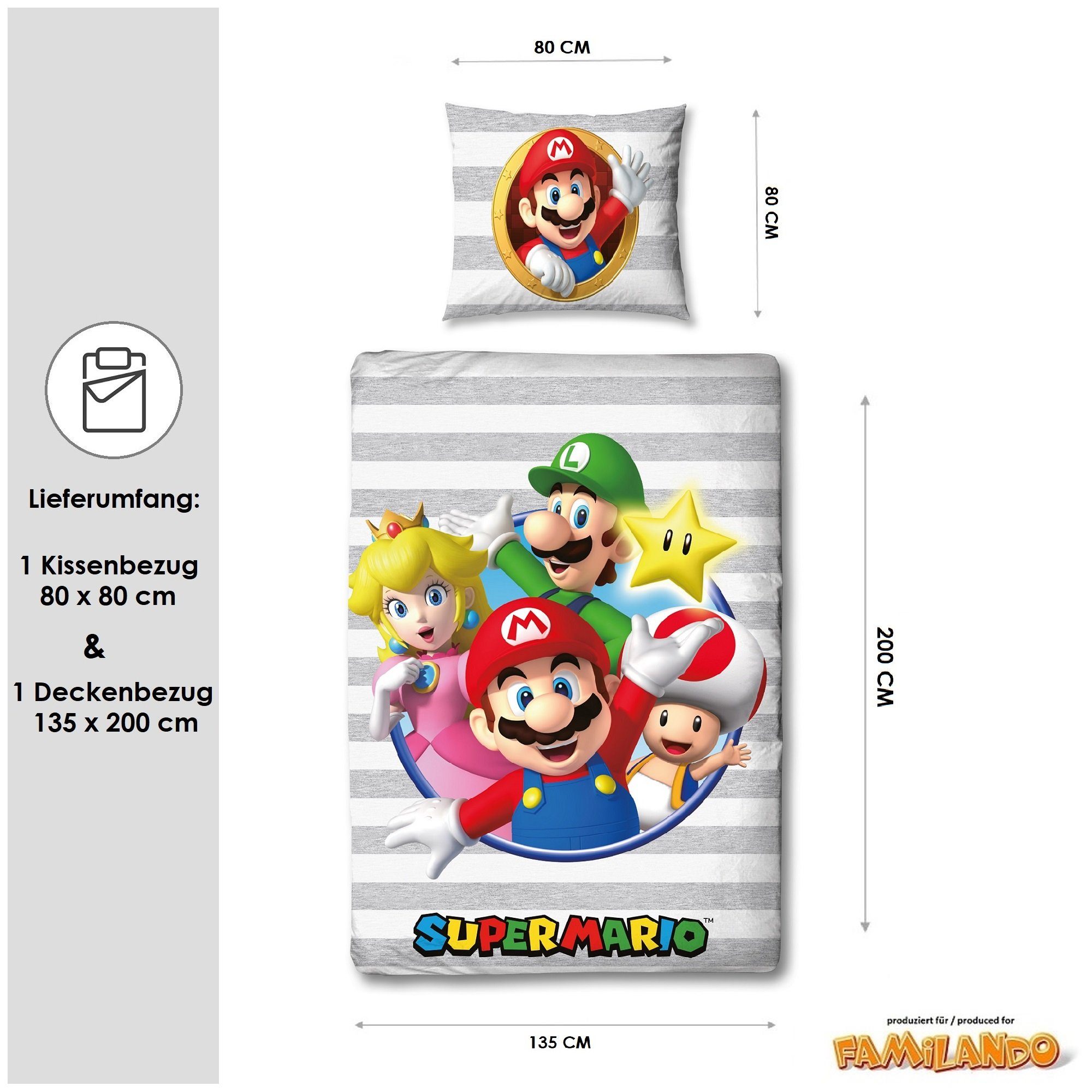 Familando Kinderbettwäsche Nintendo Super Mario "Porträt" 135x200 + 80x80 cm aus 100% Baumwolle, Renforcé, 2 teilig, mit Mario, Luigi, Peach, Toad und Star