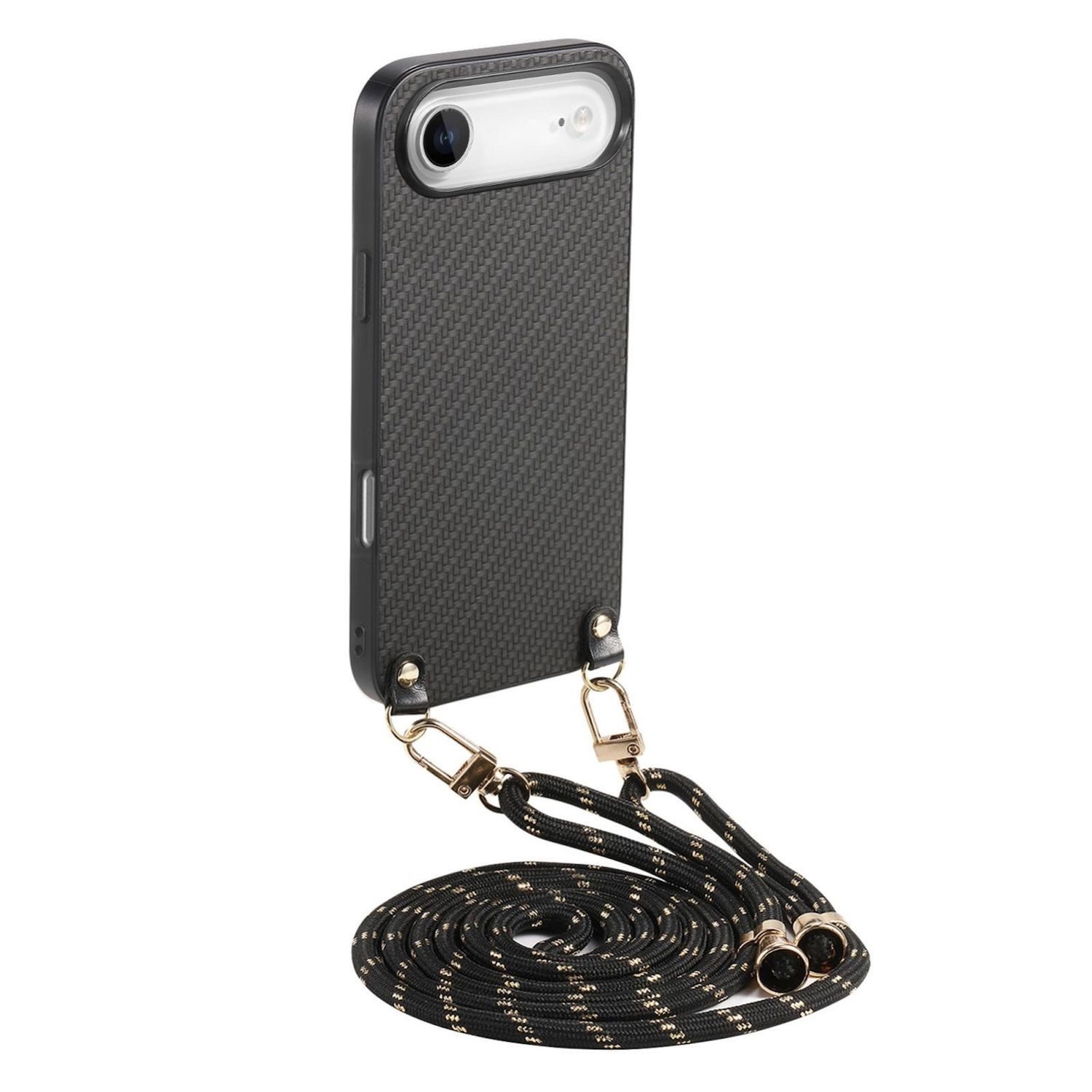 Wigento Handyhülle Für Apple iPhone 17 Air Carbon Design Leder Hülle Umhängeband Schwarz, Mit Gurt, stoßfest, edle Struktur
