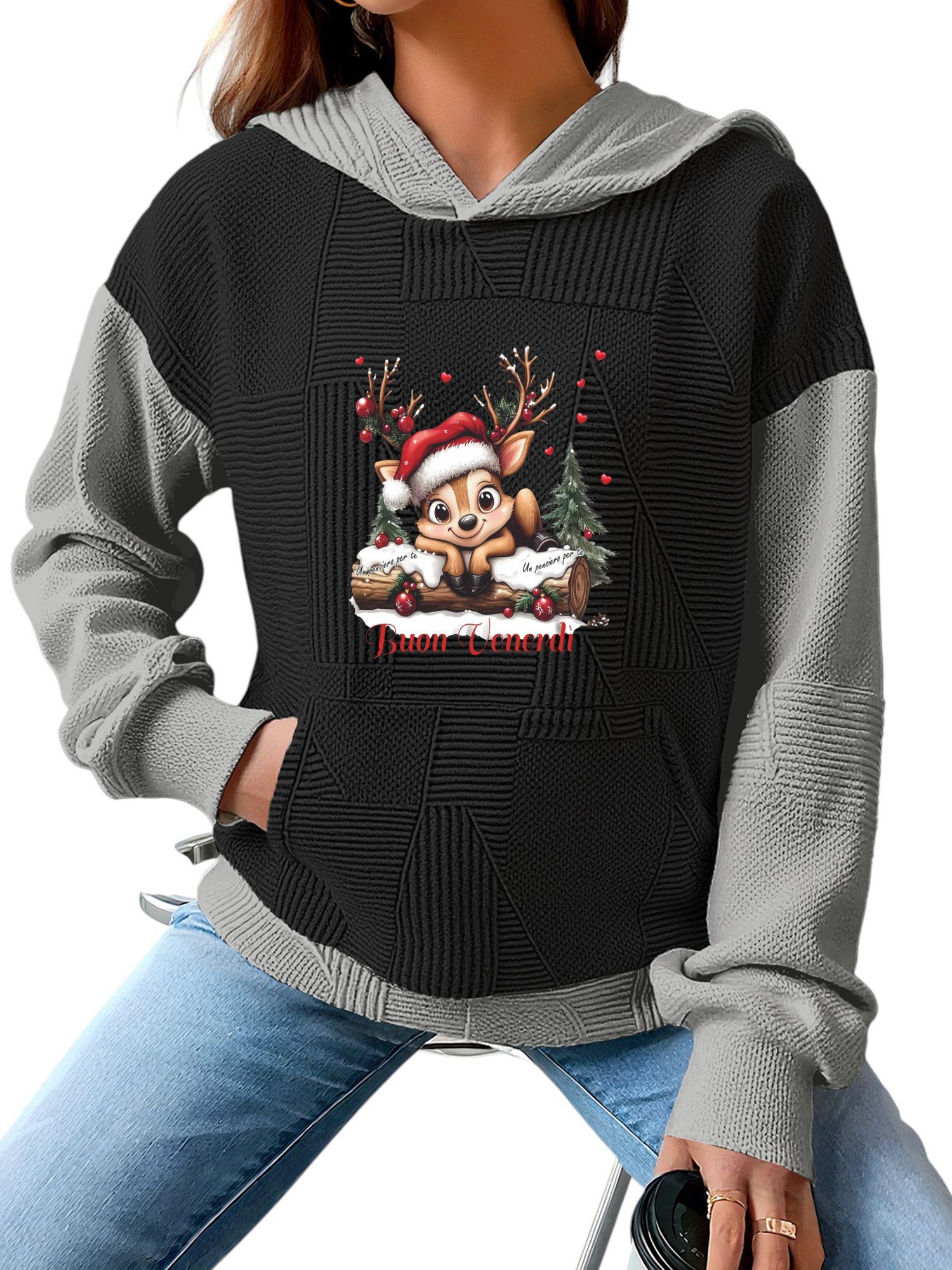 PYLIKE Kapuzenpullover Hoodie für Damen mit Farbblock-Weihnachtsrentier Dru günstig online kaufen