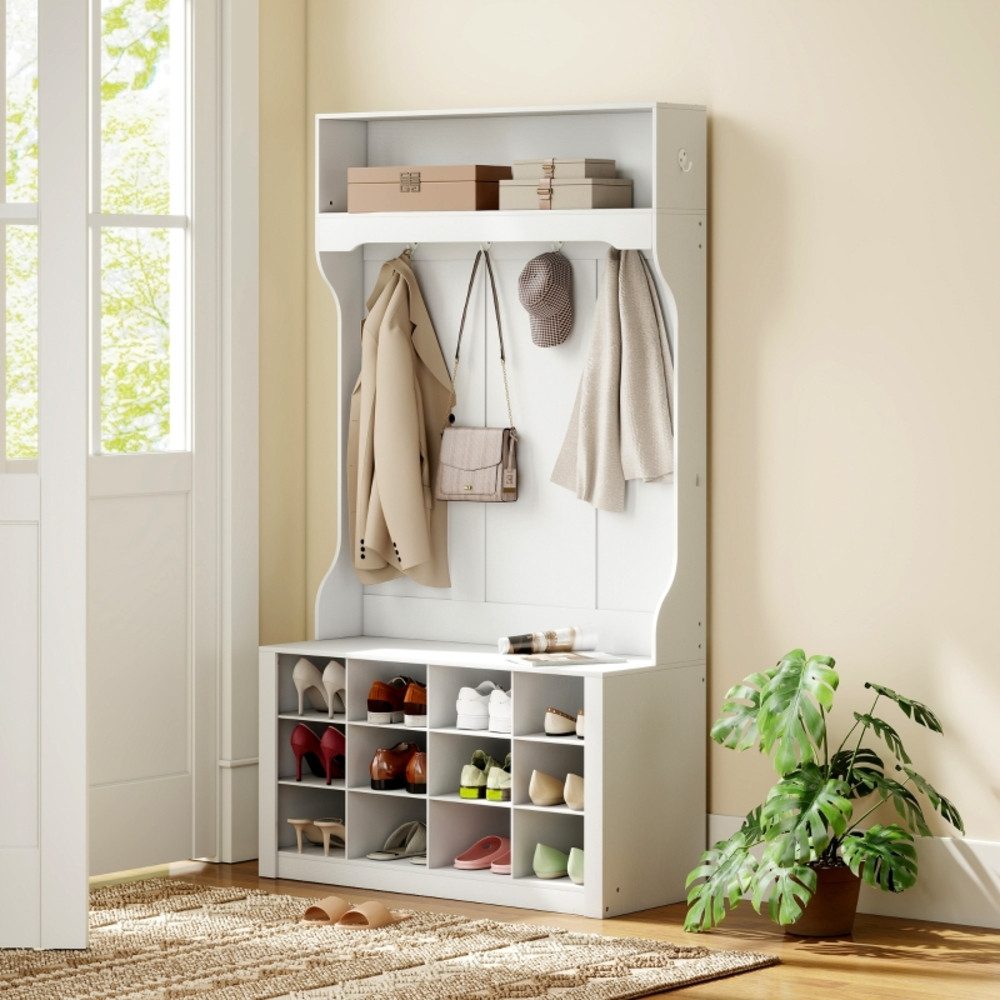 REDOM Garderobenständer 100x172,2x35 cm Weiß, mit Regal, Haken & Schuhfächern, MDF/Spanplatte, (1 St., Vielseitig als Sitzbank, Schuhschrank & Kleiderablage nutzbar), Kompakte & pflegeleichte Flurlösung für kleine Räume & WG