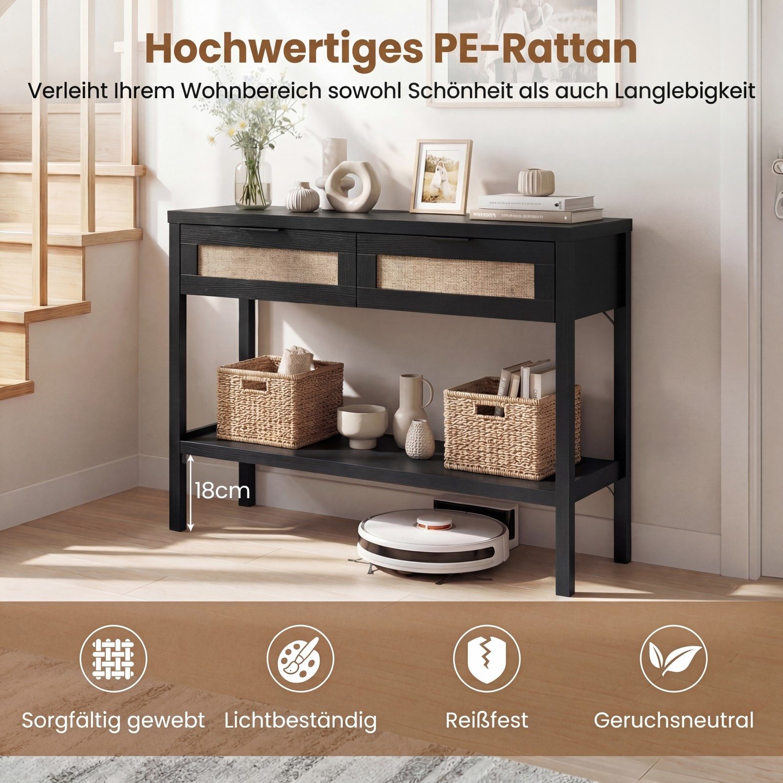 COSTWAY Konsolentisch, Rattanoptik Beistelltisch mit offener Ablage & 2 Schubladen 100cm