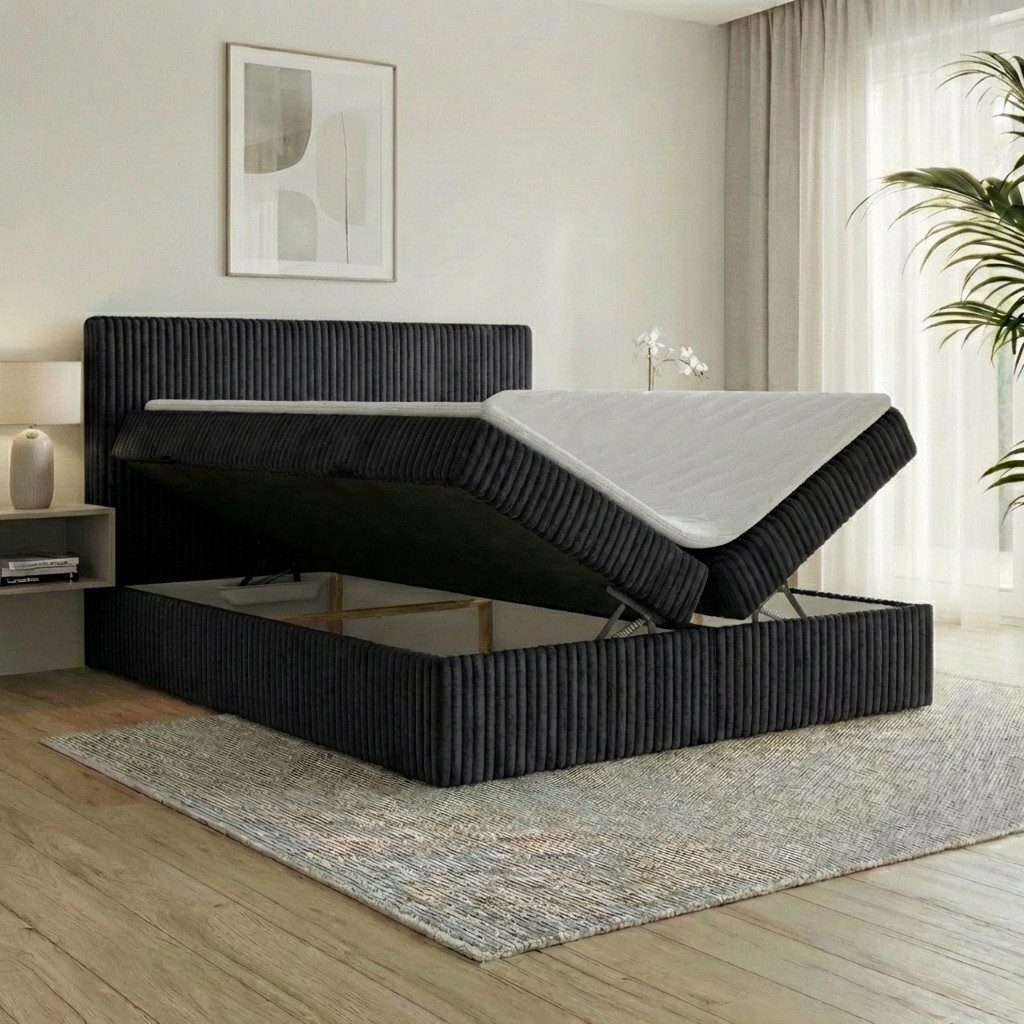 A&J MöbelLand GmbH Boxspringbett RALF mit Bettkasten, Topper und gepolstertem Kopfteil. (Boxspringbett mit Bettkasten und gepolstertem Kopfteil)