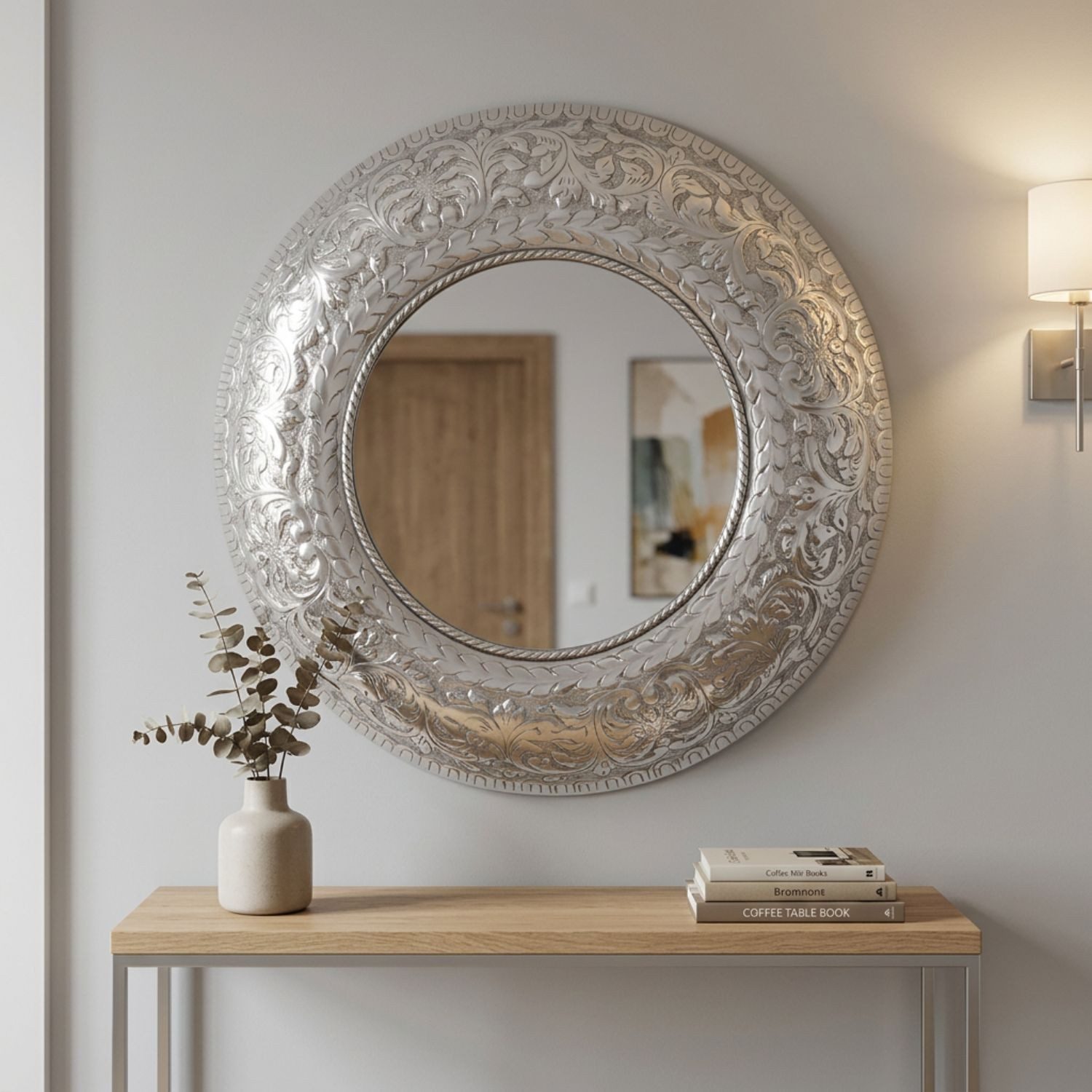 Marrakesch Orient & Mediterran Interior Wandspiegel Vintage Wandspiegel Baltic handgefertigt aus Aluminium in Silber 80 cm (1-St), Handarbeit