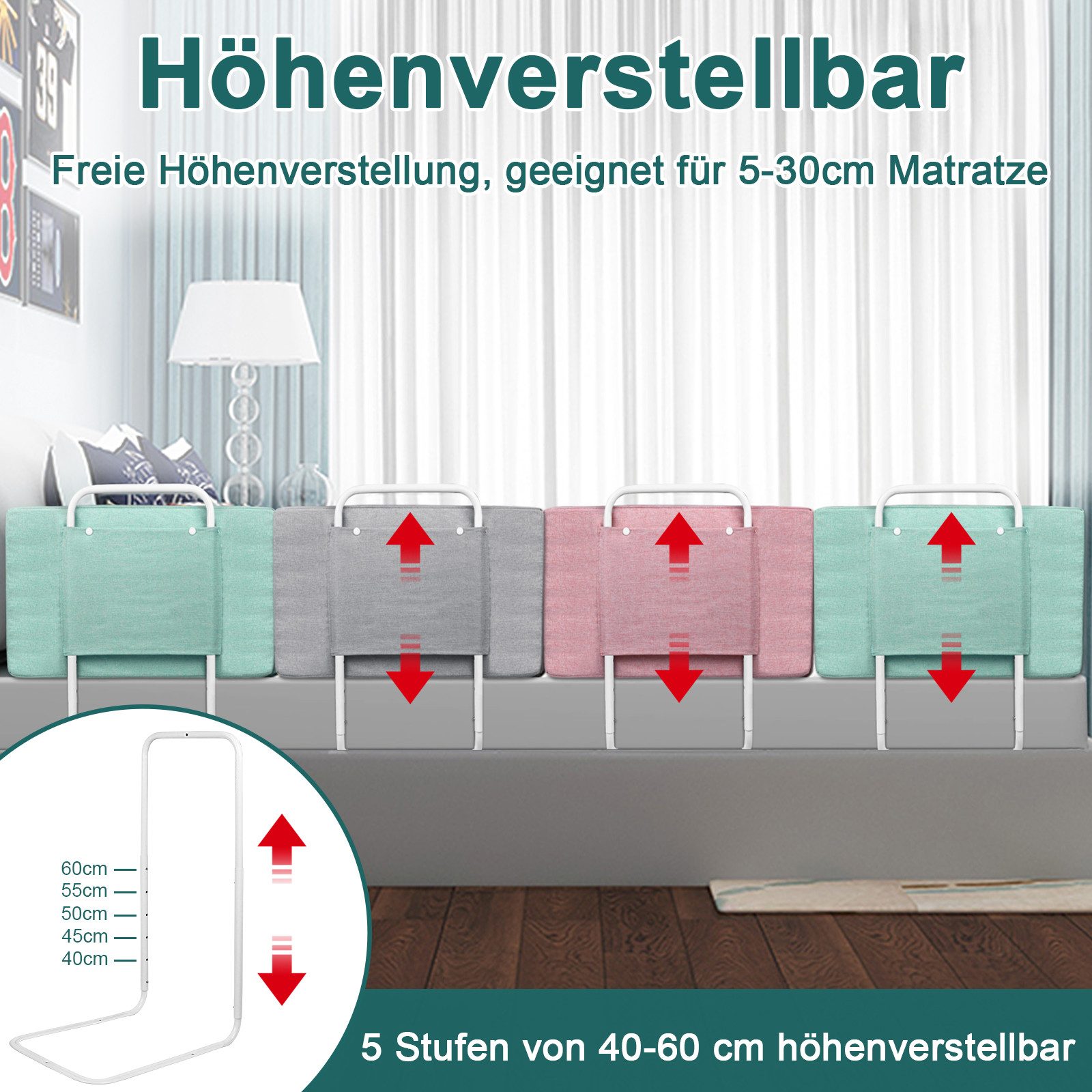 FIVMEN Bettschutzgitter Bettgitter 40-60cm Höhenverstellbar Bettschutzgitter, Absturzsicheres Bettgitter, Leinengrau/Seegrün/Kirschrosa – Bild 3 von 5