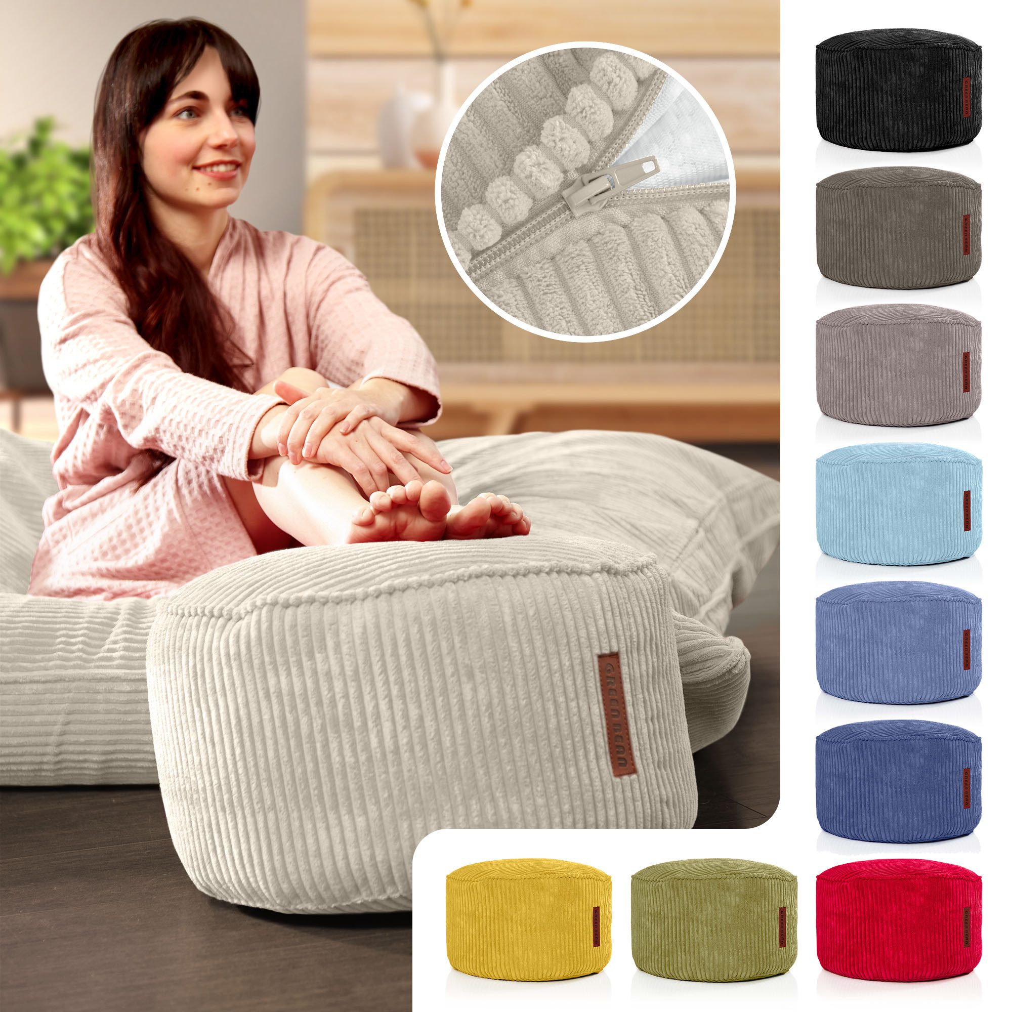 Green Bean Pouf Sitzsack-Hocker Pouf Cord 45x25cm (Indoor Sitzhocker Sitzkissen Fußhocker Relax-Sessel, Made in Germany), die ideale Ergänzung zum Sitzsack