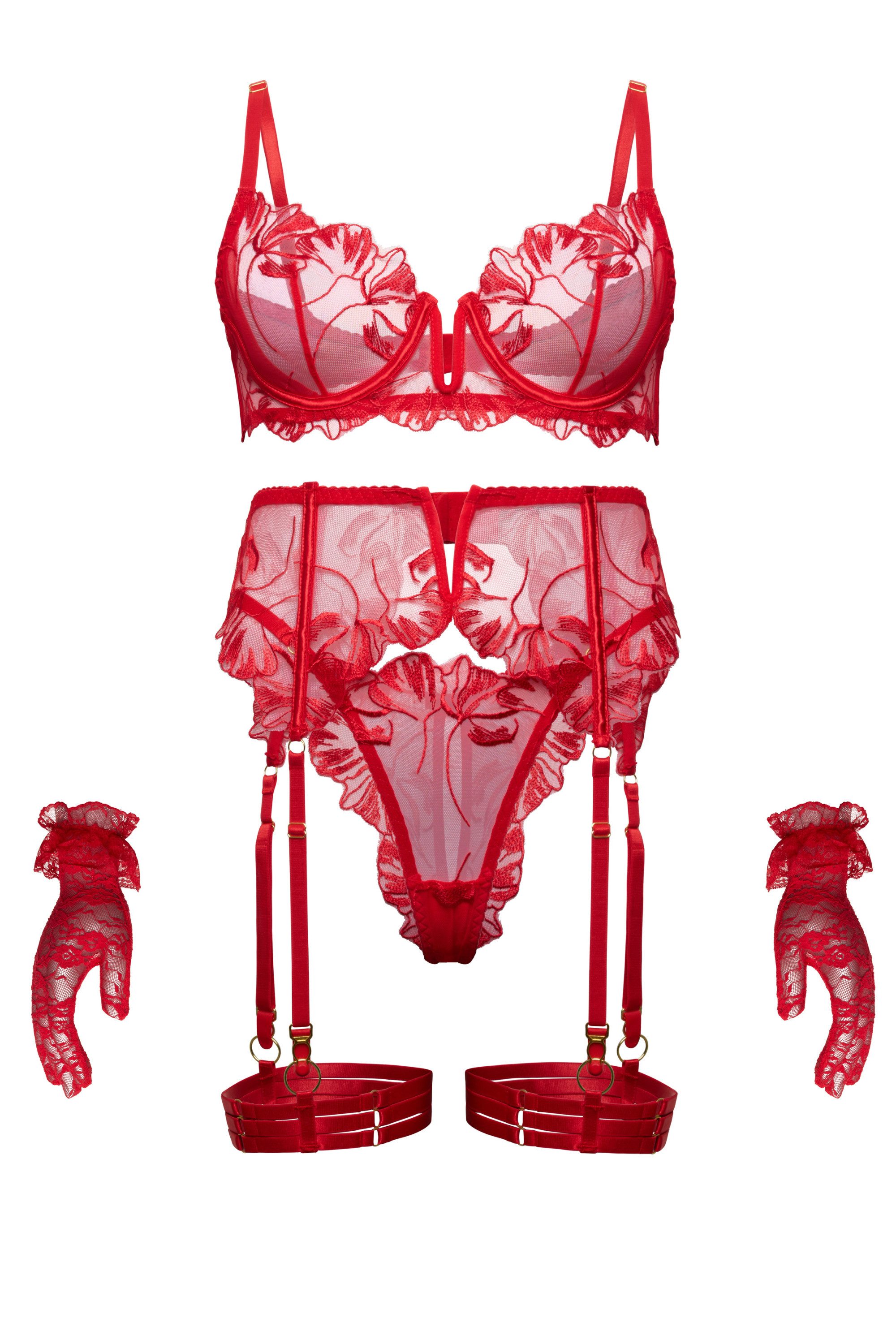 Elegant Love Set: Bügel-BH Reizwäsche Lingerie aus feiner Mesh Stickerei – Sexy Dessous Set (Set, 4-tlg., Ouvert Slip, Strapsgürtel, BH, Handschuhe) Damenunterwäsche Set für besondere Momente