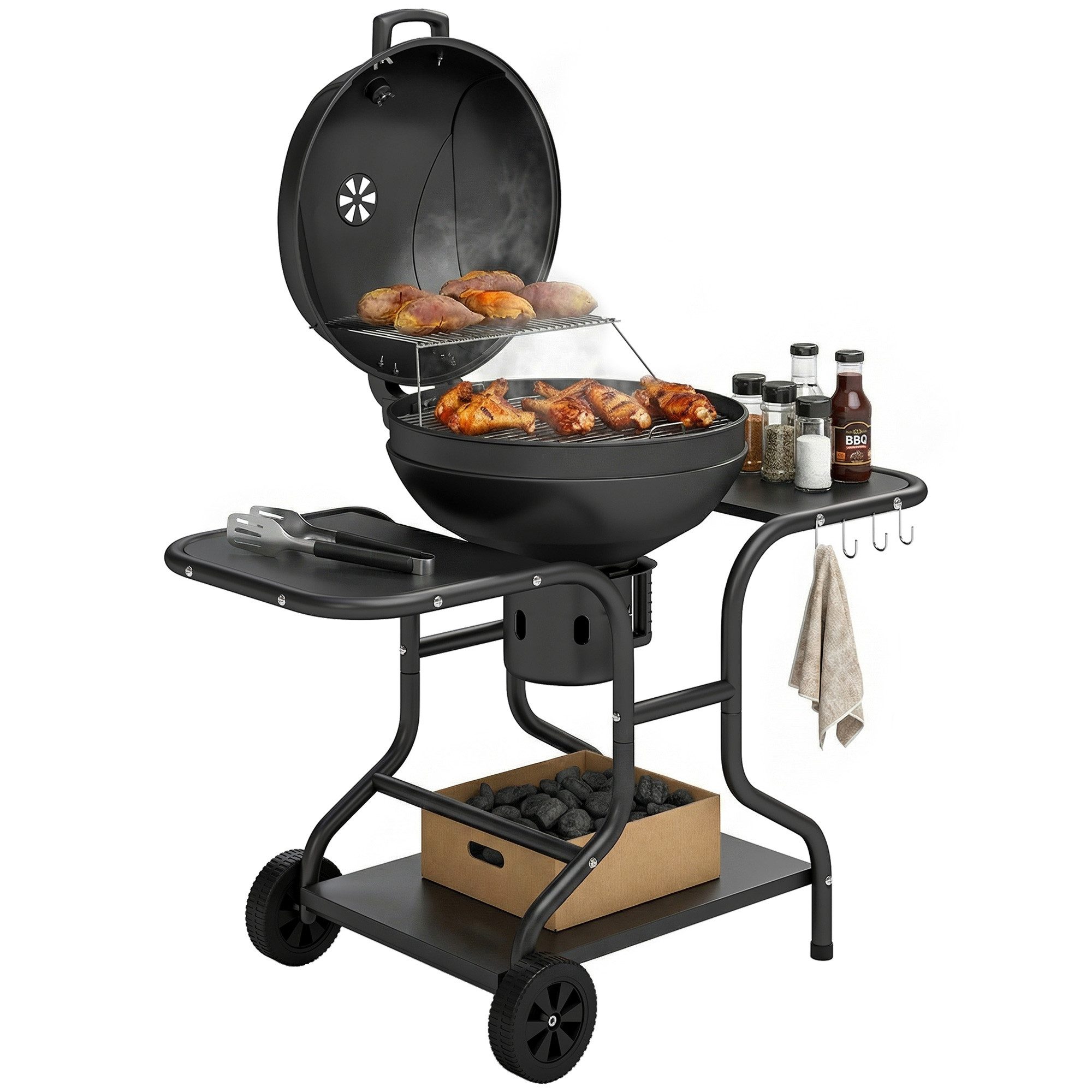 MC Star Holzkohlegrill Holzkohlegrill BBQ Smoker mit Seitentischen Deckel, Thermometer Räder 129 x 63,5 x 106,5 cm