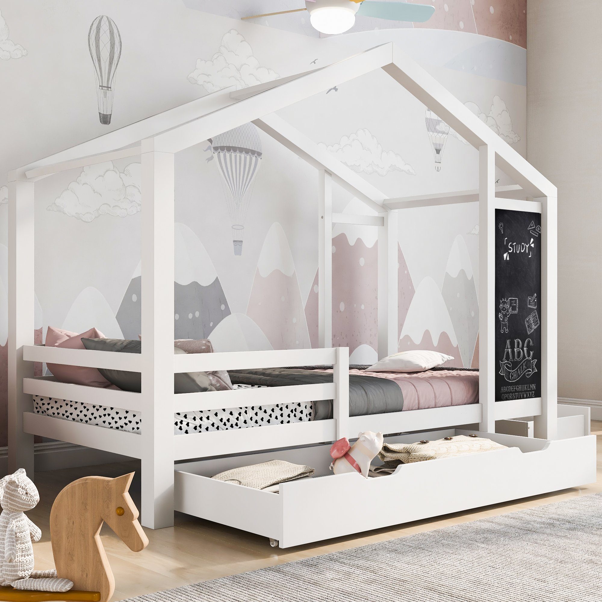 Kinderbett (Hausbett mit Rausfallschutz und Lattenrost, Holzbett mit Tafel und 2 Schubladen), Einzelbett 90 x 200 cm Bett für Kinder, Mädchen und Jungen