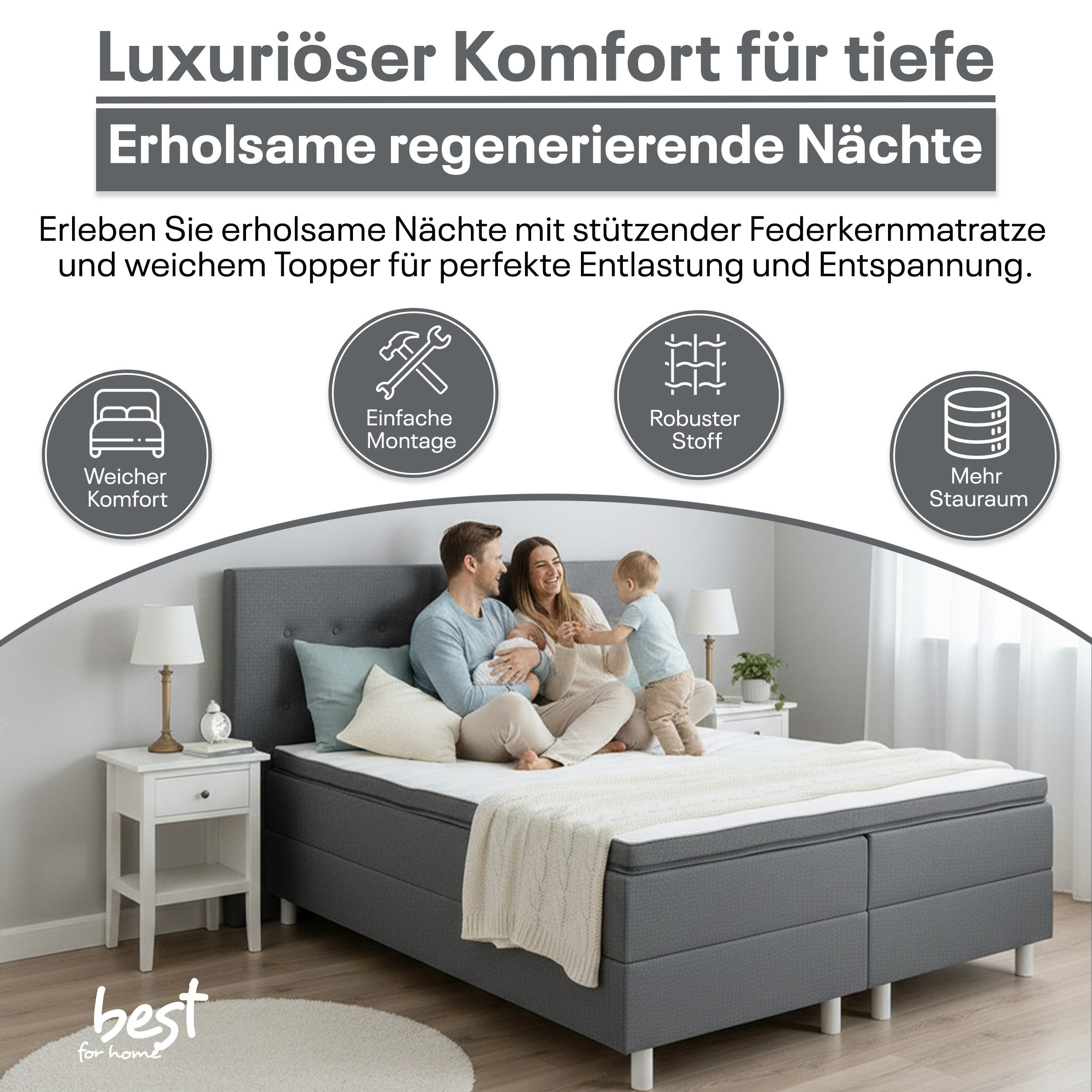 Best for Home Boxspringbett Boxspringbett NEO mit Bonellfederkern & 5 cm Topper – Komfort & Design (90x200 100x200 120x200 140x200 160x200 180x200 200x200 cm), Handwerksqualität, TOP- Preis-Leistungs-Verhältnis