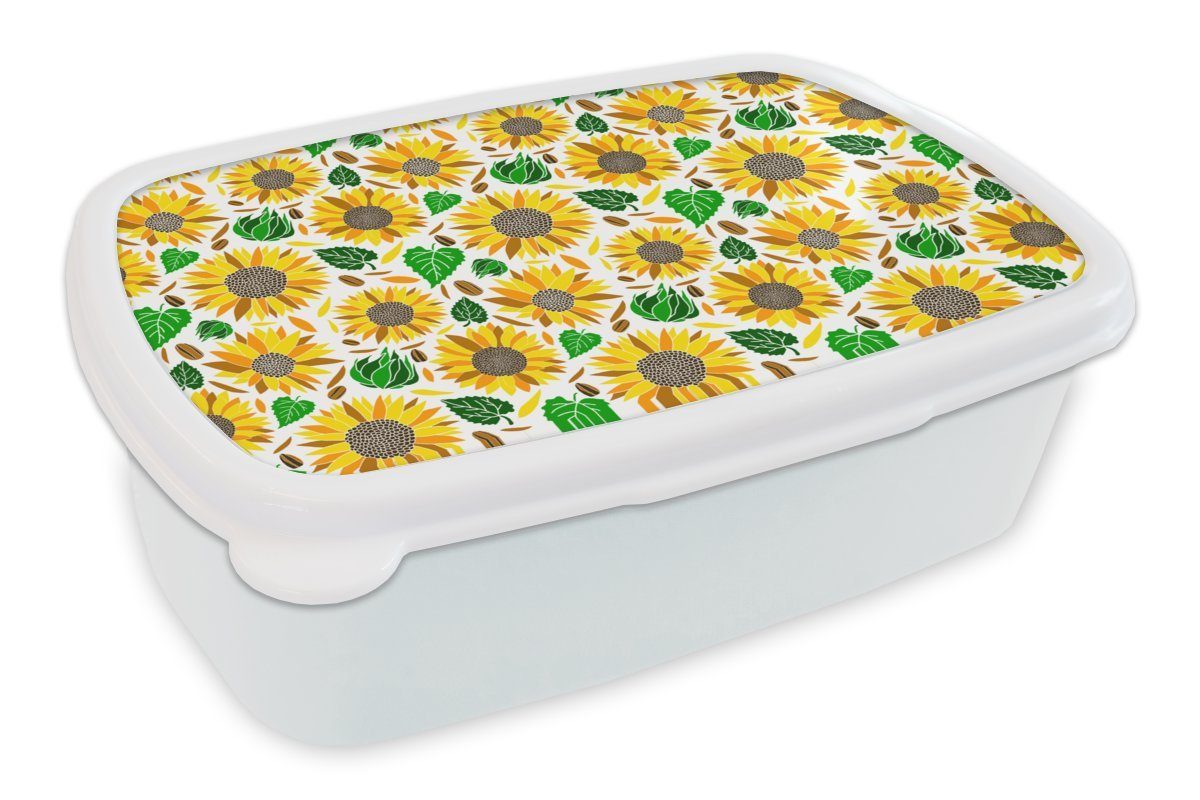MuchoWow Lunchbox Sonnenblume - Blätter - Muster, Kunststoff, (2-tlg), Brotbox für Kinder und Erwachsene, Brotdose, für Jungs und Mädchen weiß