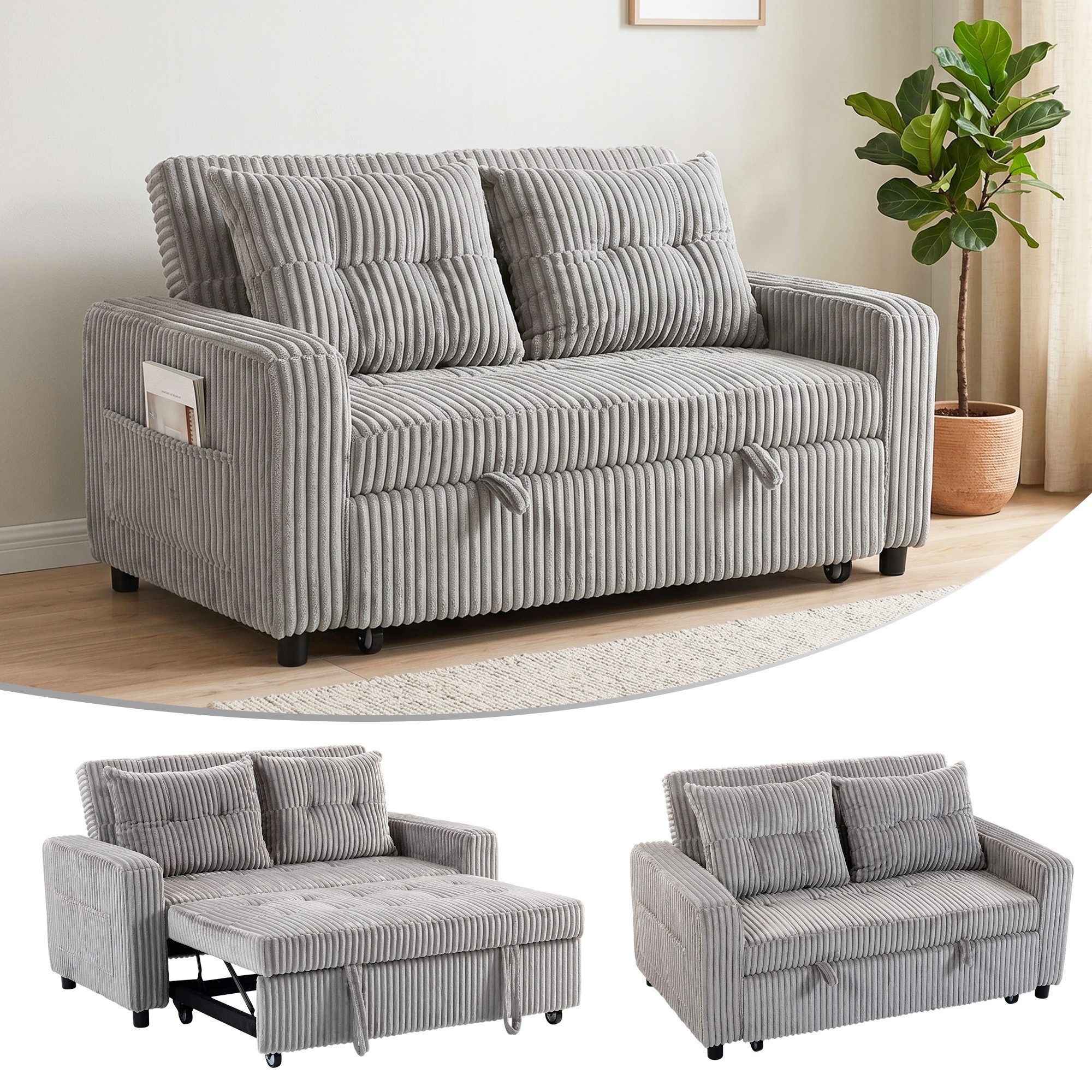 HOMCOM Schlafsofa Sofa mit Schlaffunktion Schlafcouch mit verstellbarer Rückenlehne, Set 1 Teile, für Wohnzimmer, Hellgrau