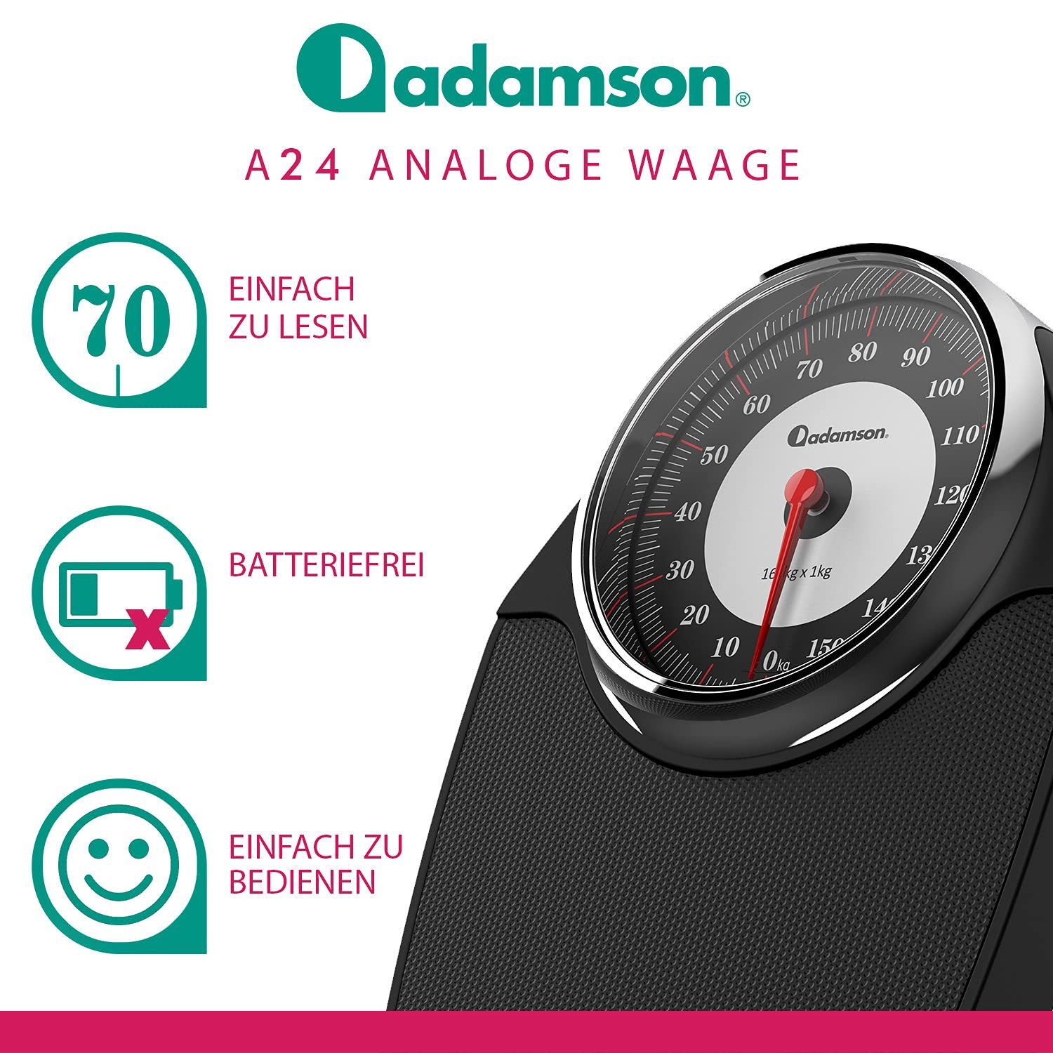 Adamson Personenwaage A24, mit extra großen Ziffern, Analoge Körperwaage bis 160kg