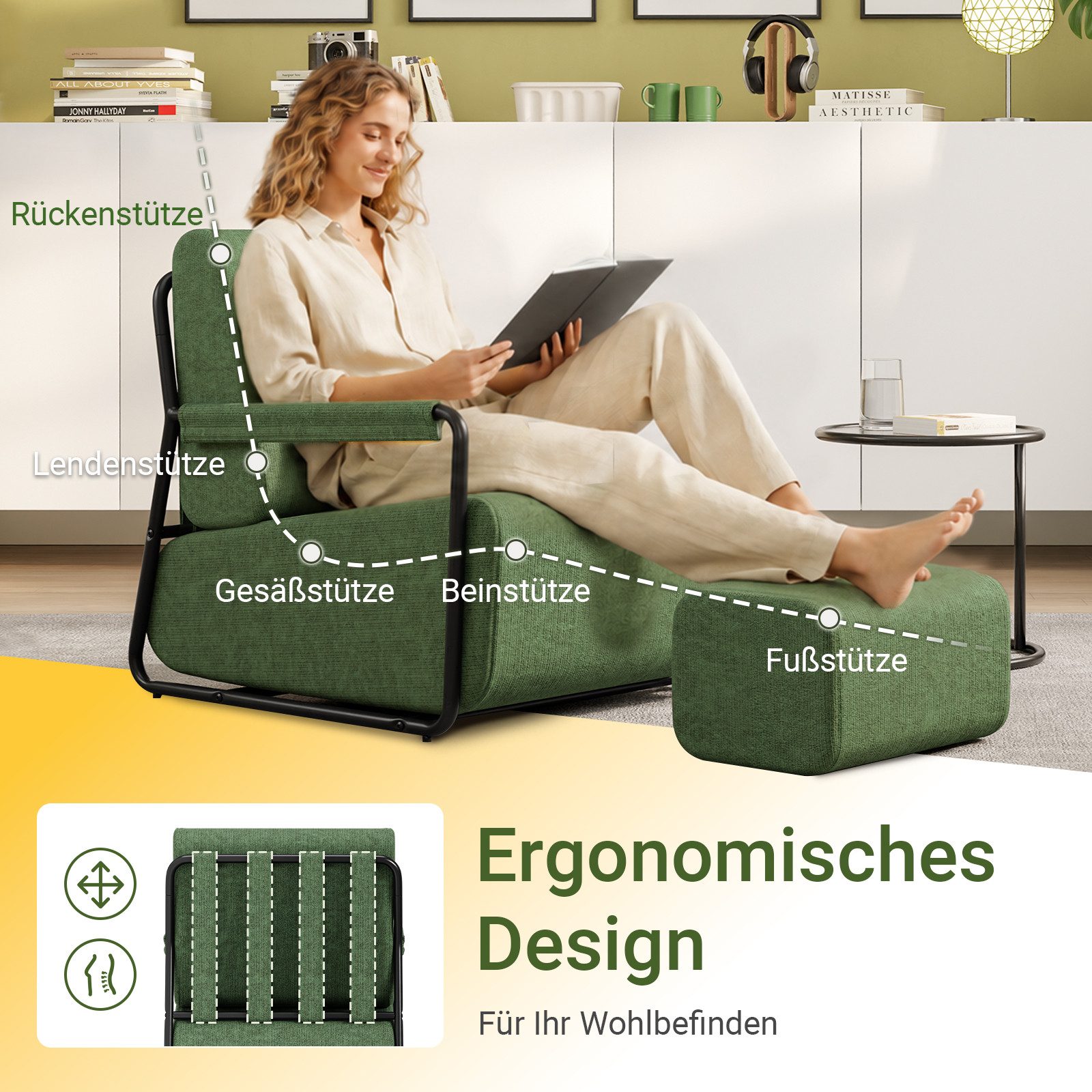 SoBuy Sessel FST99, Relaxsessel mit Schlaffunktion, Hocker integriert (1er Set), Grün, strukturiertes Stoffgewebe, verstellbare Rückenlehne