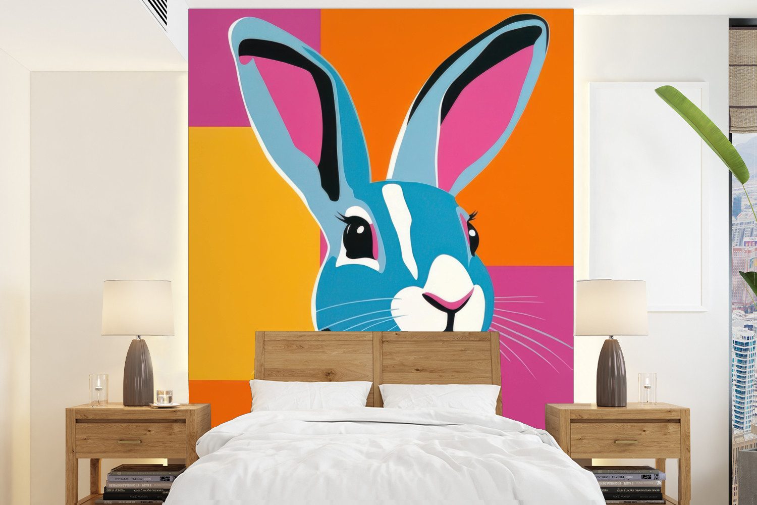 MuchoWow Fototapete Hase - Farbtaschen - Ohren - Rosa, Matt, bedruckt, Wallpaper für Wohnzimmer, Schlafzimmer, Vinyl Tapete, 165x220 cm