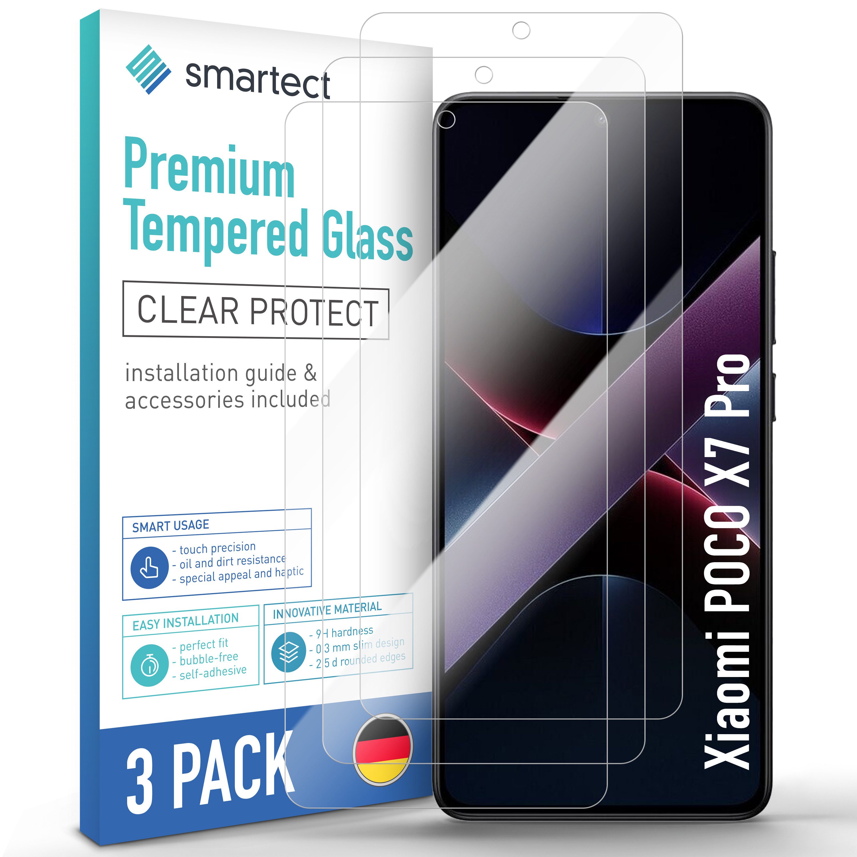 smartect Displayschutzglas 3X Schutzglas Panzerfolie Klar für Xiaomi Poco X7 Pro für Xiaomi Poco X7 Pro, Set, 3 Stück, 0.3 mm Ultra-klar, 9H Härte, Kratzfest, Stoßfest, Blasenfrei, Oleophob