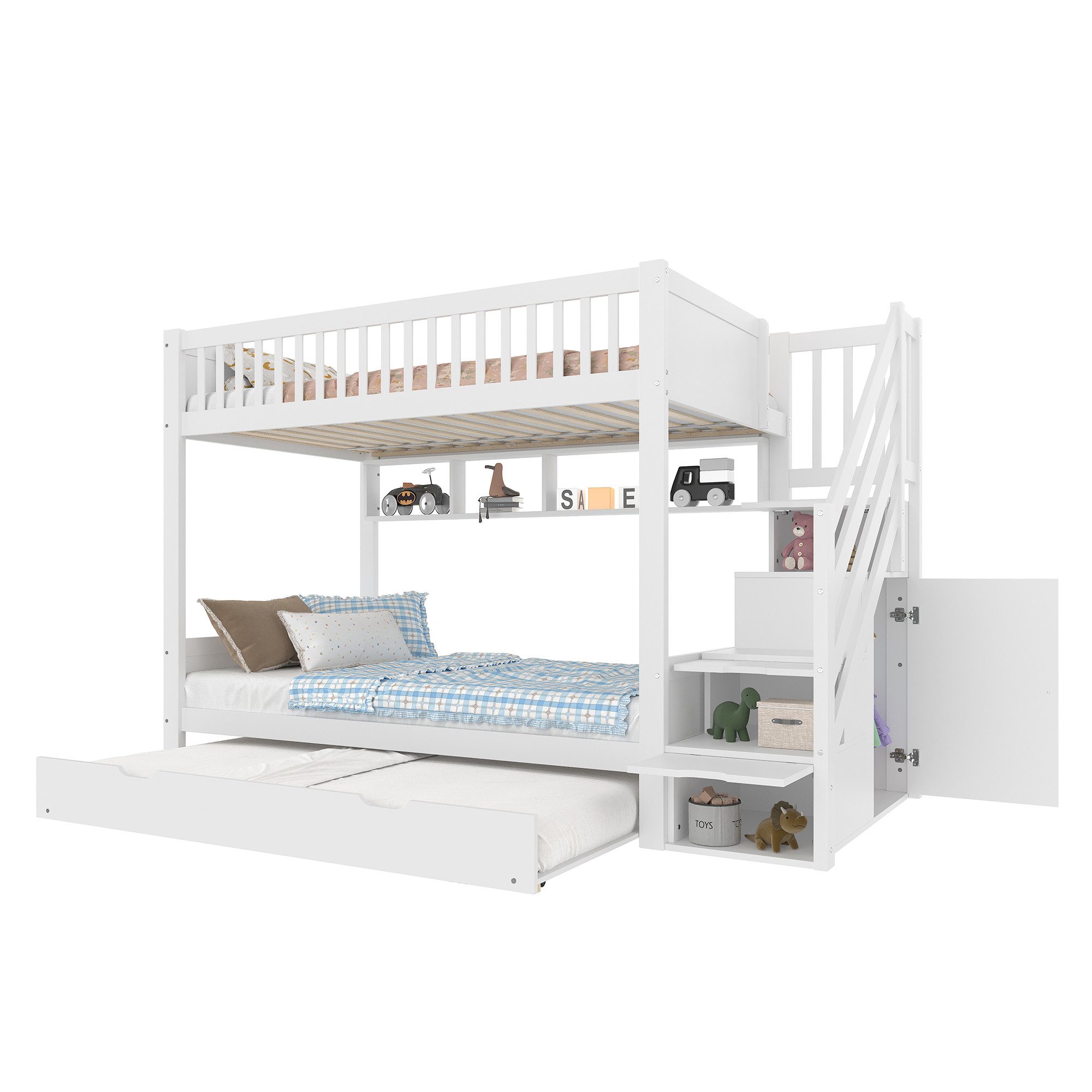 REDOM Etagenbett Kinderbett 90x200 cm mit Kleiderschrank & Treppe (Funktionsbett mit Ausziehbett, Regal & Staufächern für Kinderzimmer, Ideal für Kinderzimmer & Jugendzimmer), ohne Matratze