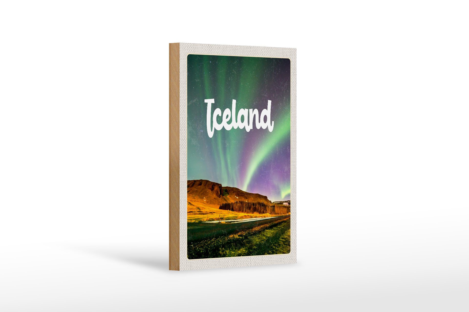 Femer GmbH Holzbild Reise 12x18 cm Iceland Retro Polarlicht, (1 St), Glatte Holzfaserplatte (MDF), vorn beschichtet