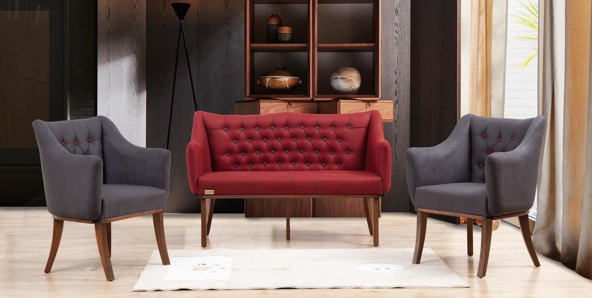 Xlmoebel Chesterfield-Sofa 3-teiliges Gartenmöbel Set aus Holz mit Textil in Naturton, 3 Teile, Made in Europa