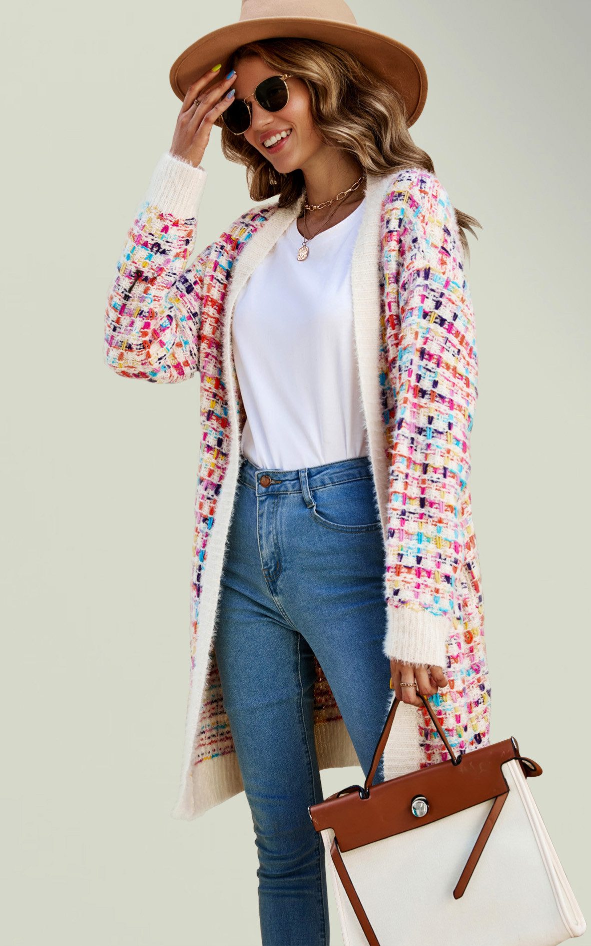 FS Collection Longstrickjacke Bouclé Strickjacke Cardigan mit Karomuster – gemütlicher Stil (Einheitsgröße: UK 8–16 / EU 36–44, 3 Farben : Cremeweiß Bunt, Marineblau Bunt und Braun Bunt) 100 % Acryl