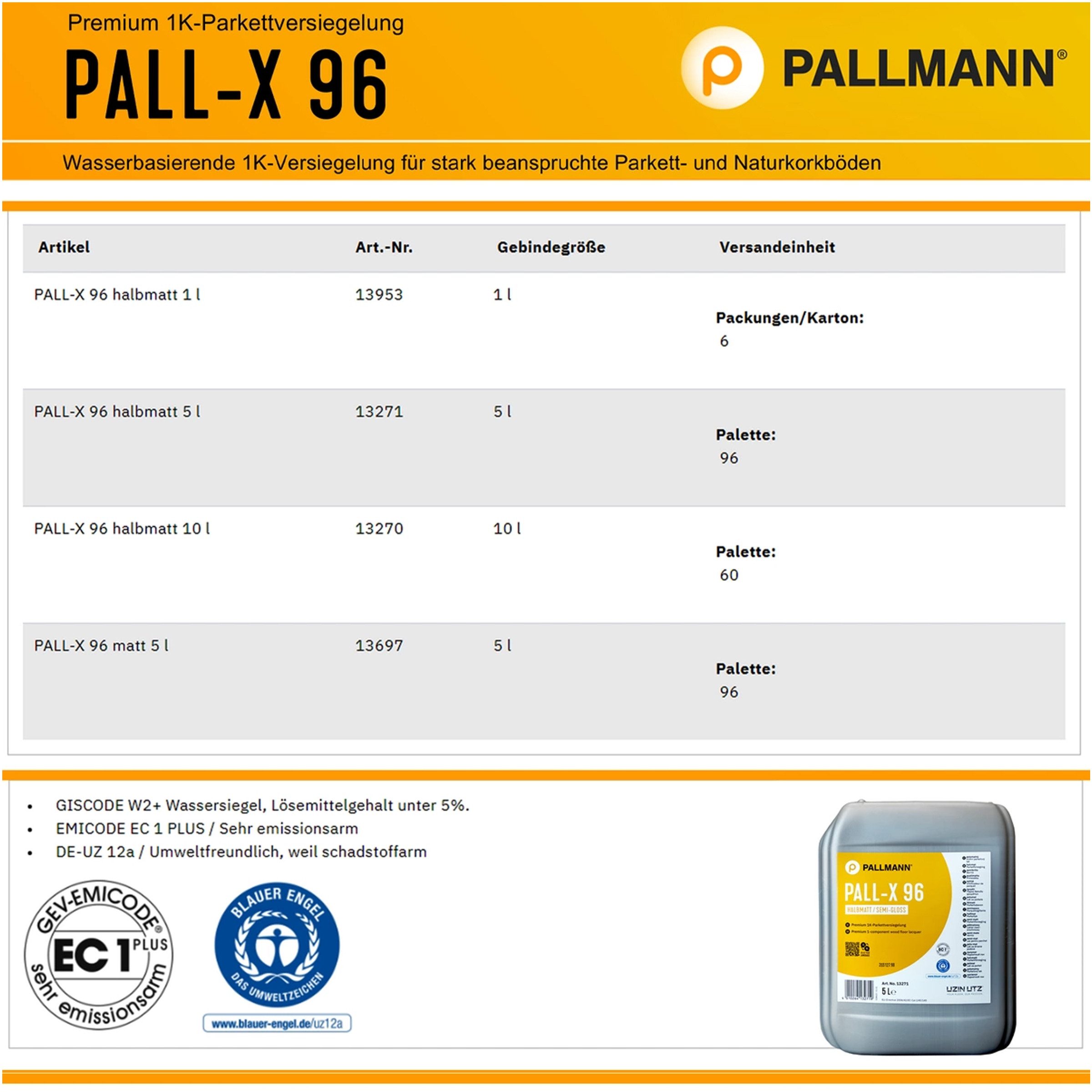 Pallmann Holzlack PALLMANN PALL-X 96 halbmatt 5 L Parkett- & Korkversiegelung