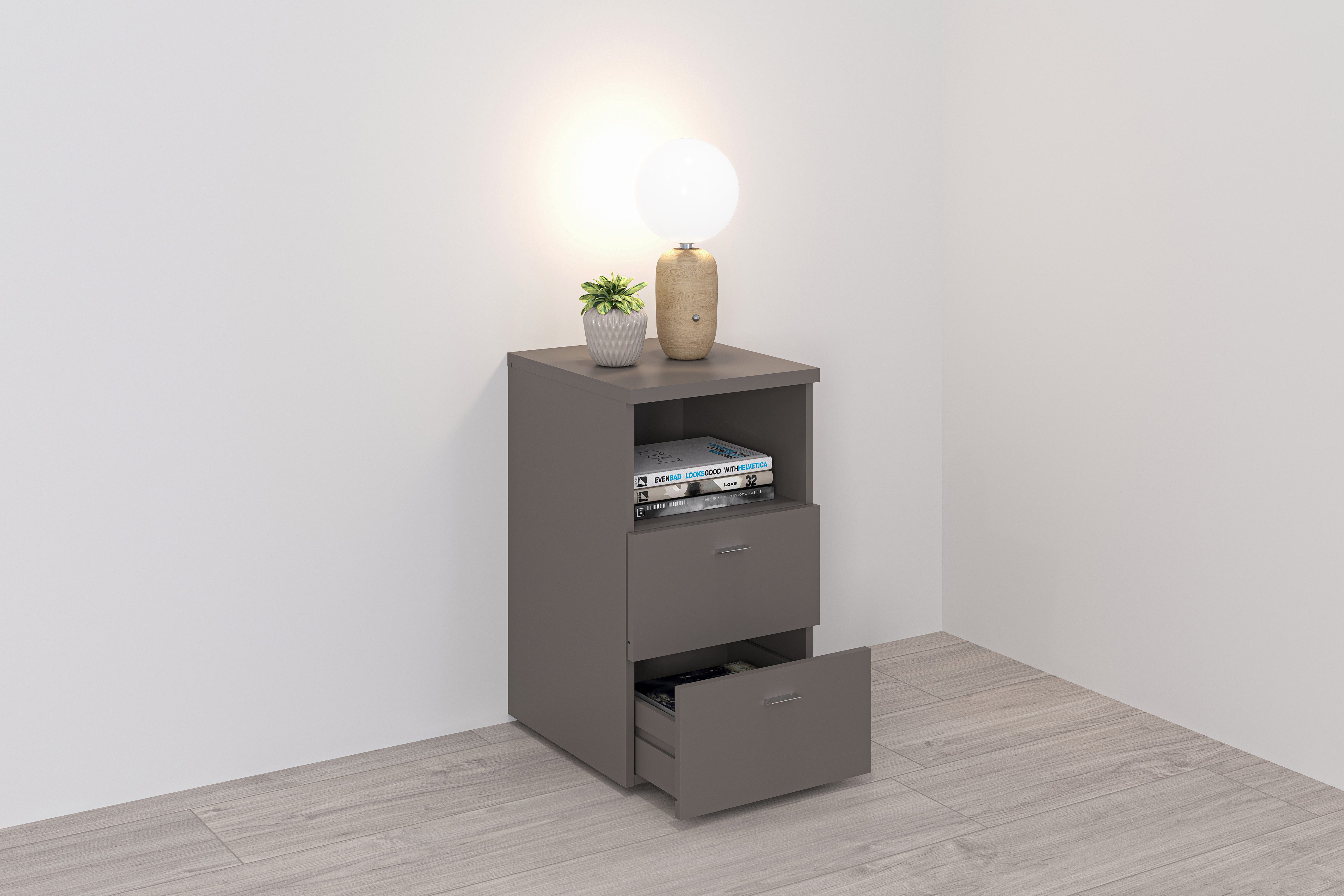 FMD Nachtkonsole Suva, Nachttisch m. 2 Schubkästen und offenem Fach, 60 cm hoch, 35 cm breit