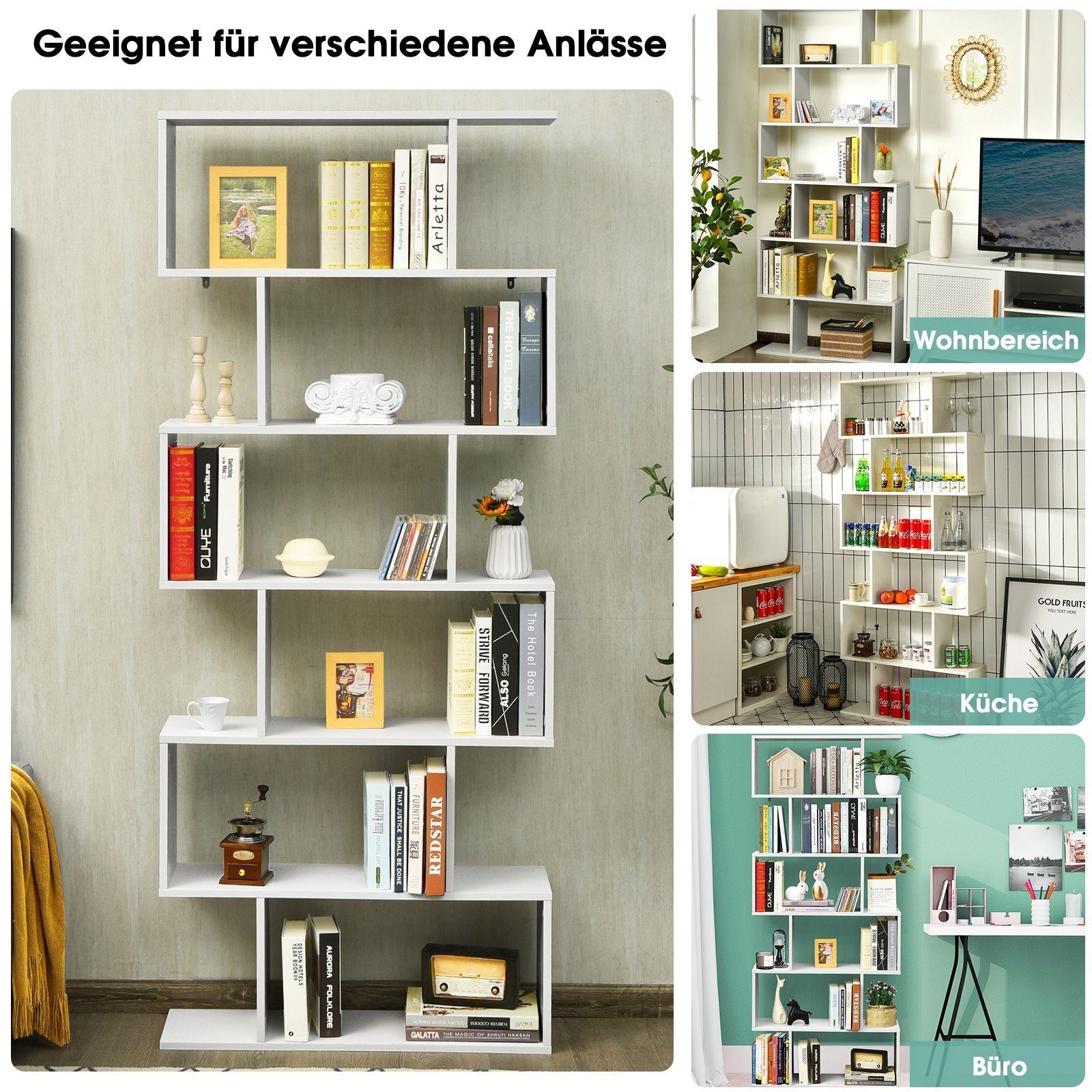 Bücherregal, Fächern, mit 20 COSTWAY weiß 6 kg/Ebene, 80x23x192cm, Standregal