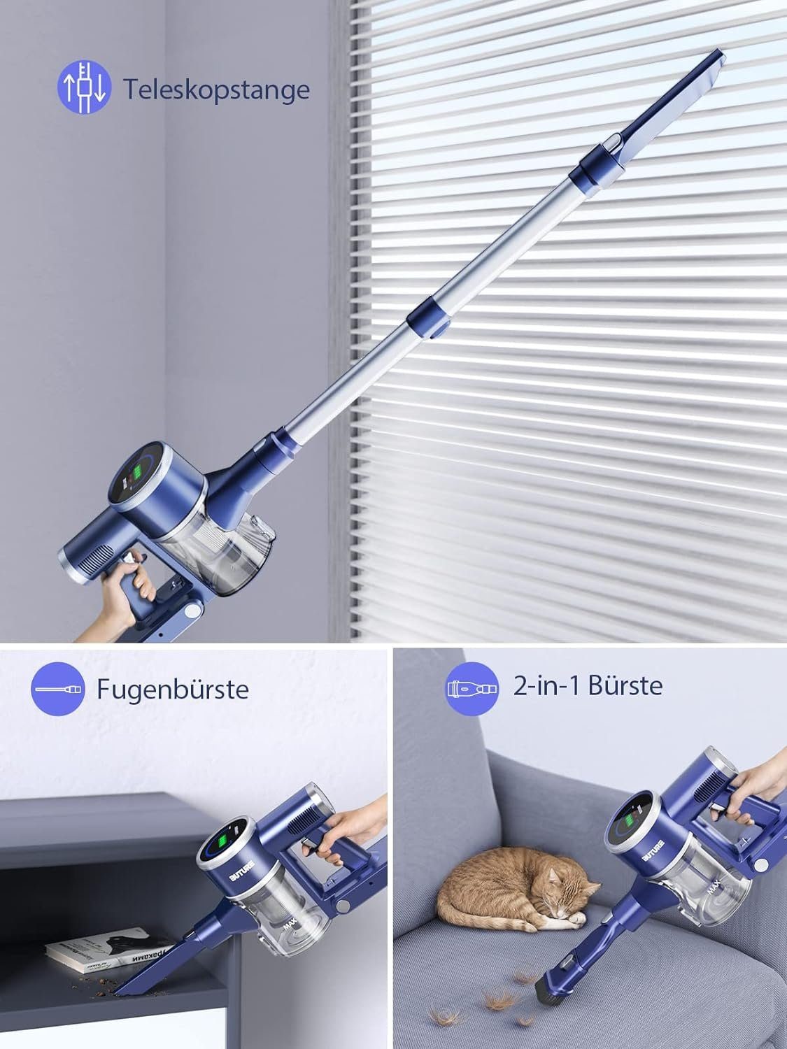 Laresar Akku-Hand-und Stielstaubsauger, 400,00 W, 33000PA Starke Saugleistung Staubsauger Kabellos, bis zu 55 Minuten Laufzeit, 1,2L Staubbehälter, für Hartboden, Teppich, Tierhaare