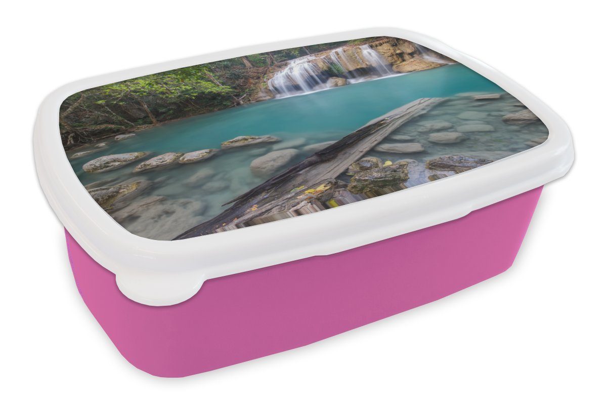 MuchoWow Lunchbox Wasserfälle im thailändischen Erwachsene, für Brotbox Kinder, Mädchen, Kunststoff, Kunststoff Snackbox, Erawan-Nationalpark, rosa (2-tlg), Brotdose