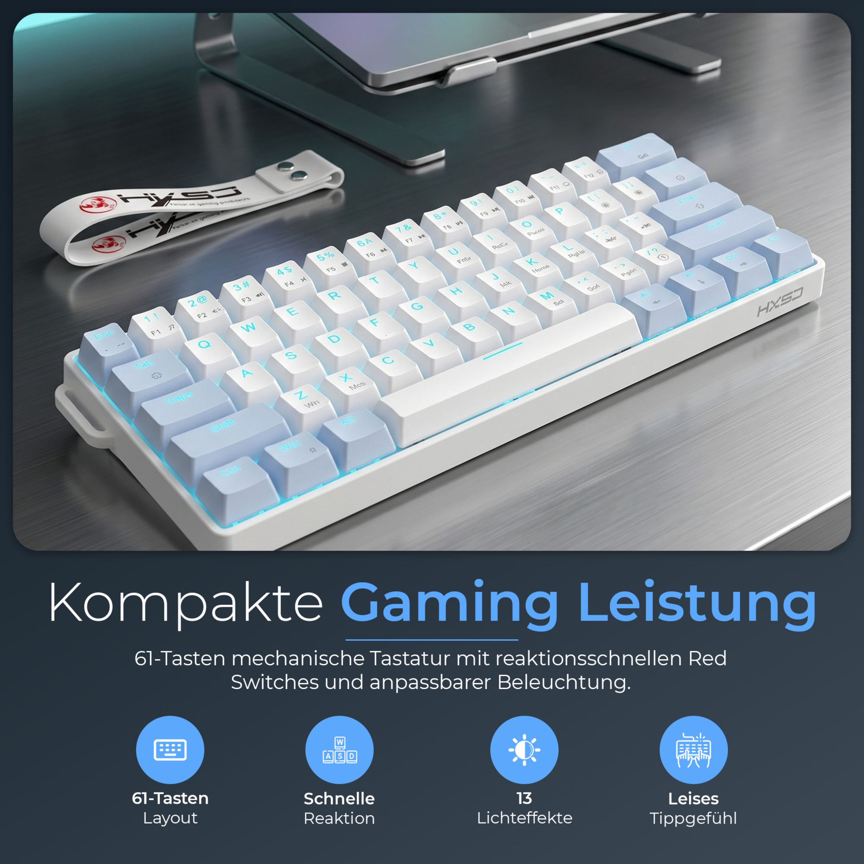 RUHE Mechanische Gaming Tastatur 60% kabelgebunden QWERTY Red Switches Gaming-Tastatur (Kurz 61 Tasten leise [ENG Layout] Plug & Play für PC PS4 Xbox Weiß)