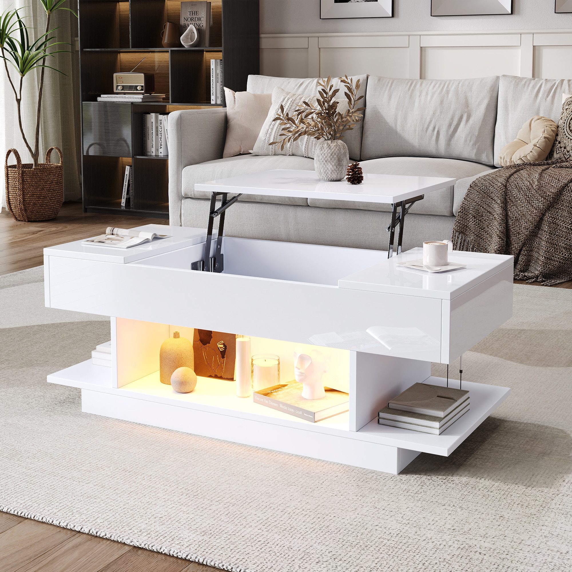OKWISH Couchtisch mit Lift-Tischplatte (Teetisch, Wohnzimmertisch, 1-St., mit 2 Klappschränken, halboffenem Stauraum), Hochglanz-Teetisch mit LED