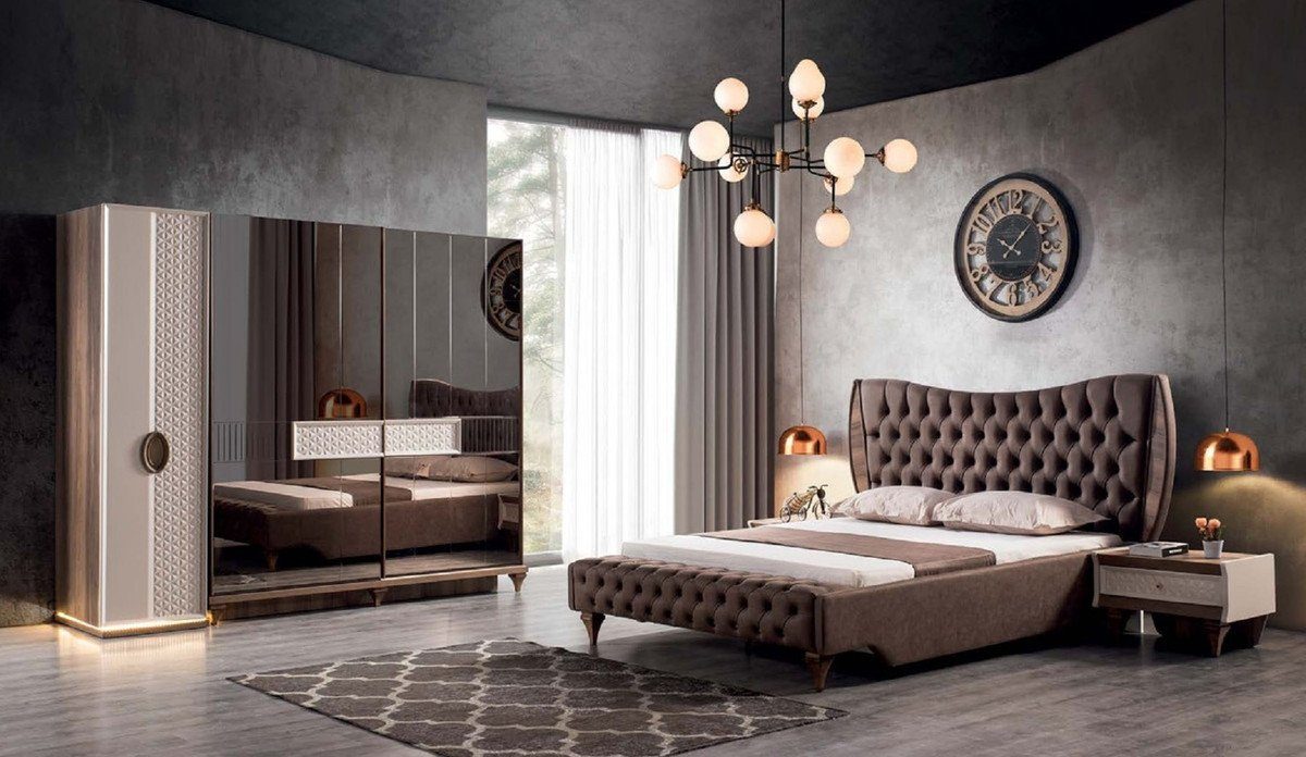 Casa Padrino Kleiderschrank Luxus - - Deco Massivholz Schlafzimmer Verspiegelter 73 Deco 261 x / Braun 221 Kleiderschrank Schlafzimmerschrank H. Weiß Möbel x cm Art Art