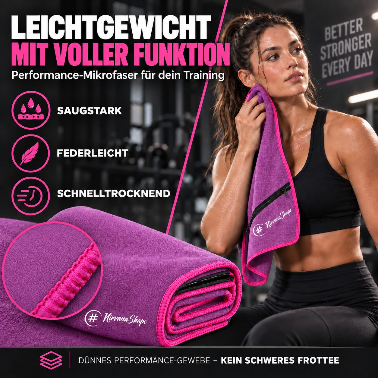 NirvanaShape Sporthandtuch NirvanaShape Mikrofaser Fitnesshandtuch mit Ecktasche und Knöpfen, saugfähig, leicht, schnelltrocknend, für Reisen, Fitness, Yoga, Sa – Bild 2 von 5