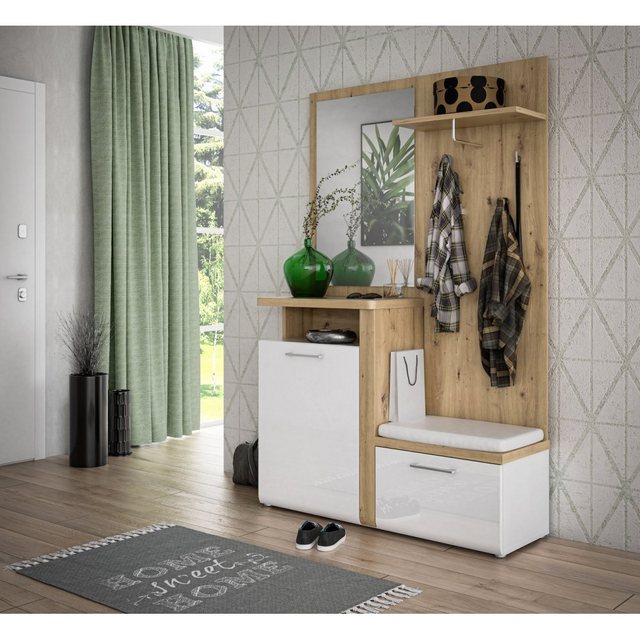 Forte Möbel Garderobe „Diele Kompakt Garderobe Kleiderständer Schuhschrank Flur ca. 129x201x43 cm HALL Artisan Eiche Weiß“