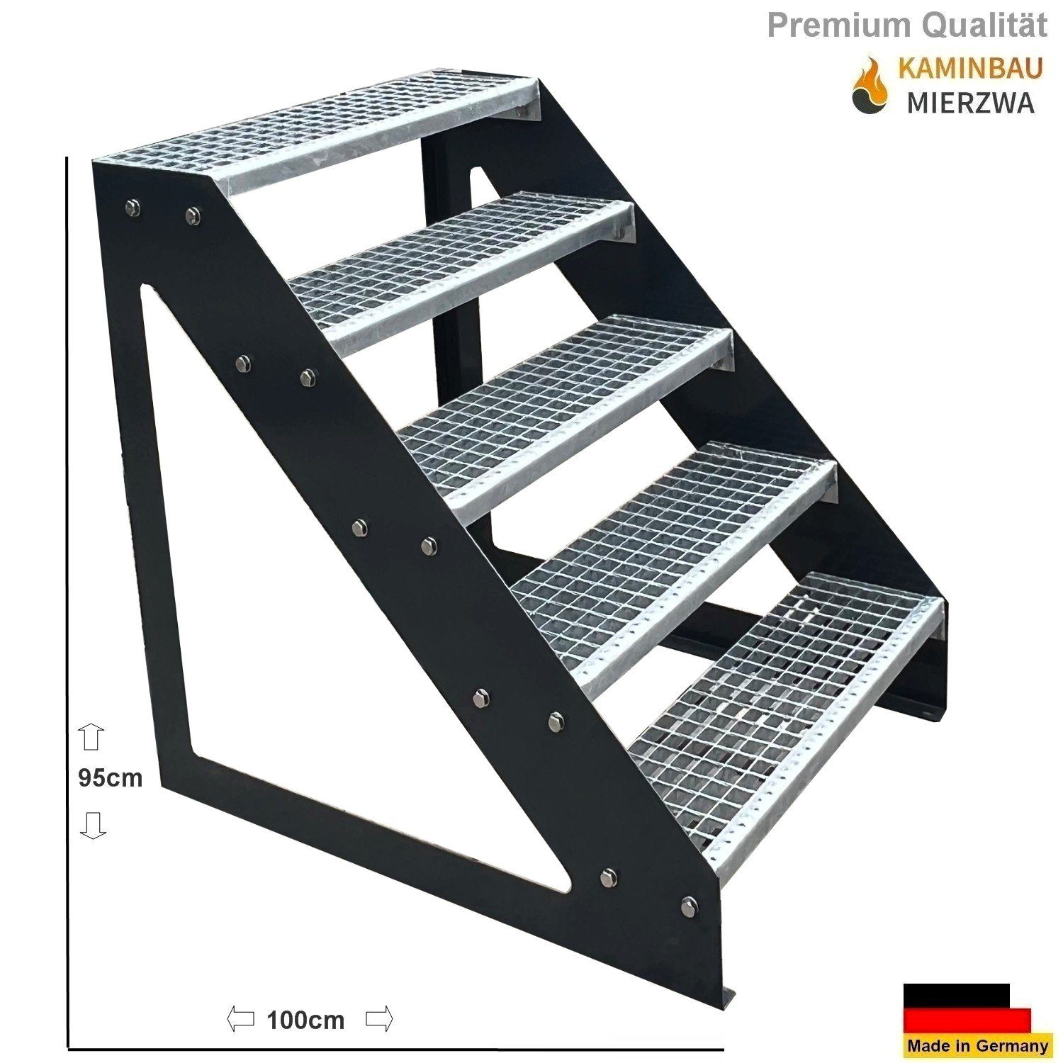 Kaminbau Mierzwa Außentreppe Premium Treppe Anthrazit mit oder ohne Geländer, für Geschosshöhen bis 95.00 cm, Stufen Gitterroststufen nach DIN 24531, (Höhe 95 cm, Stufenbreite und Geländerart wählbar), Gartentreppe Stahltreppe Wetterfest Rostfrei Feuer-Verzinkt Rutschfest
