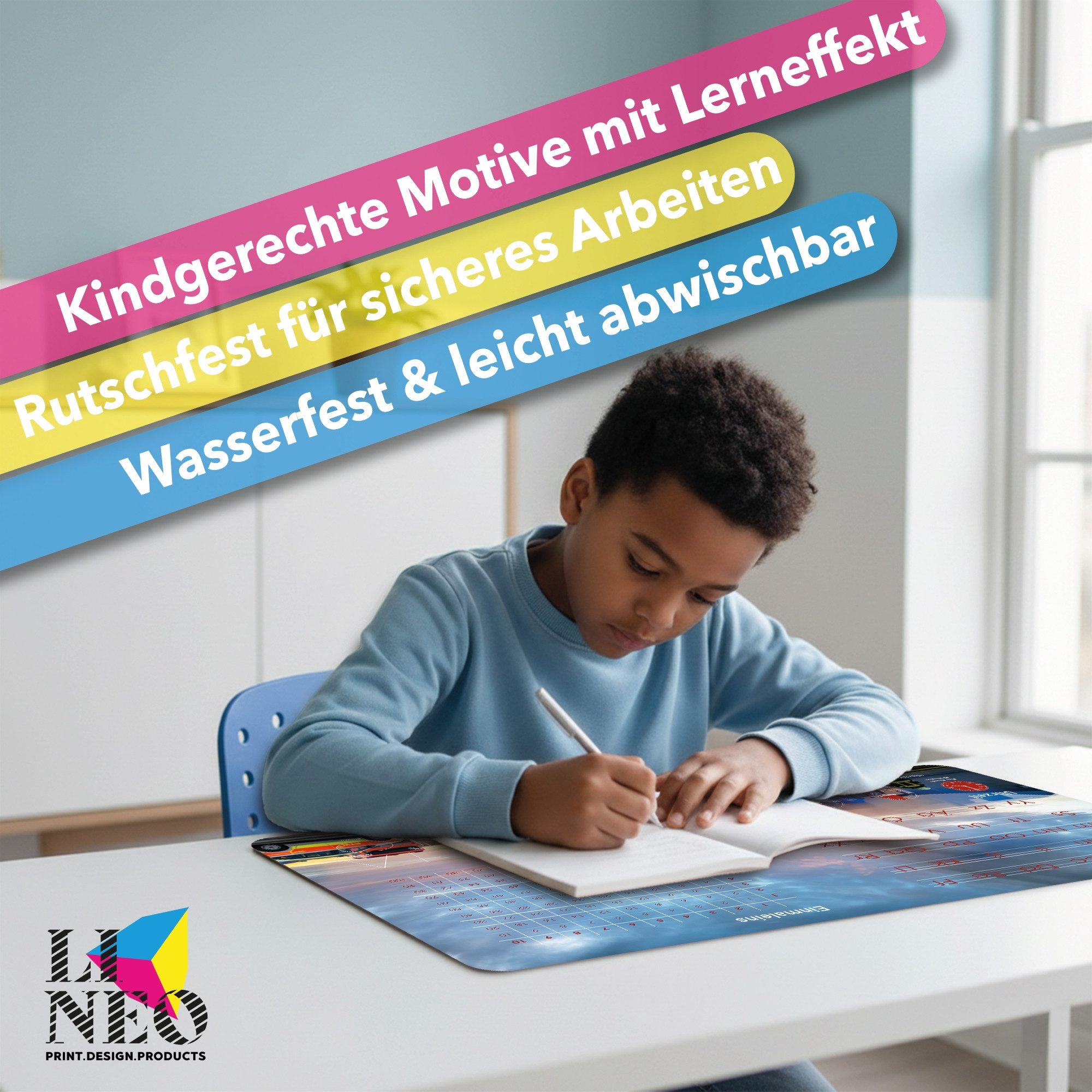 Lineo Schreibtischunterlage Tischunterlage & Malunterlage für Kinder 80x40 cm abwischbar, (Robuste Malunterlage Schreibtisch Unterlegmatte)