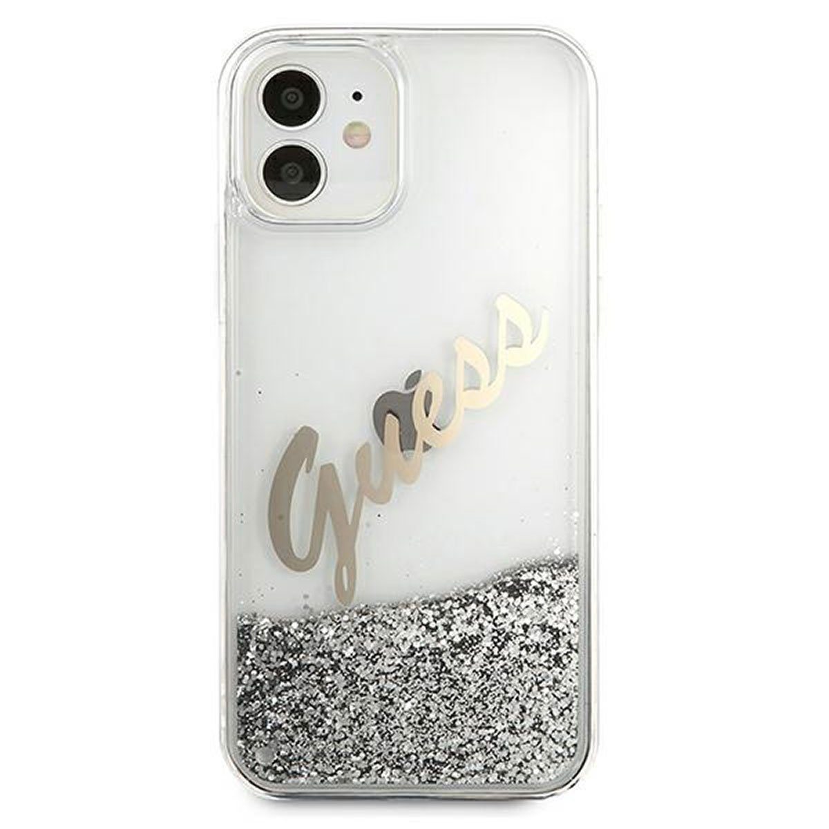 Handyhülle Guess Apple iPhone 12 Mini Silber Glitter Vintage Script Glitzer Hard Case Cover Schutzhülle Etui