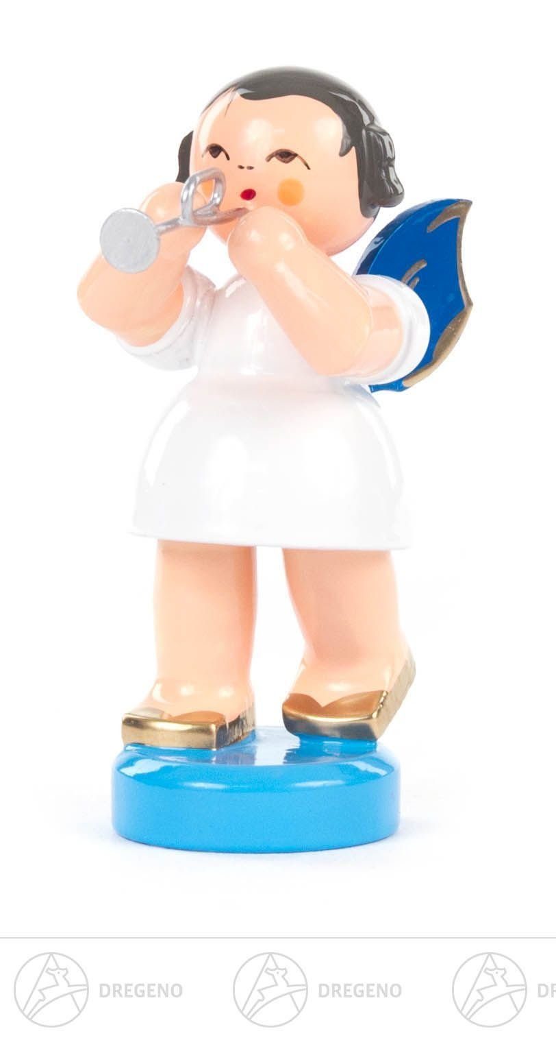 Dregeno Erzgebirge Engelfigur Engel mit Piccolotrompete stehend, blaue Flügel Höhe ca 5,5 cm NEU
