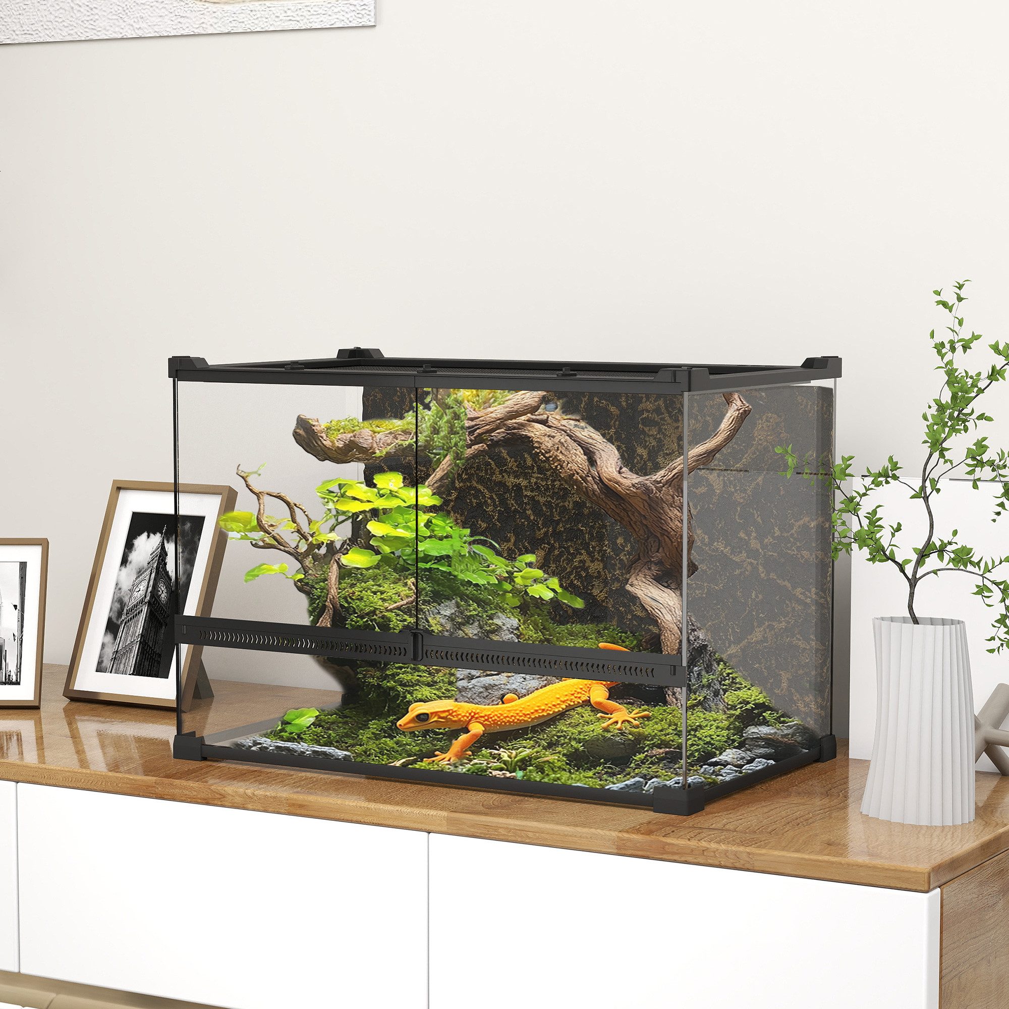 PawHut Terrarium mit Frontbelüftung, Steinrückwand, ausbruchsicherer Drehverschluss, für Amphibien, Spinne, Schwarz, 50 x 30 x 35 cm