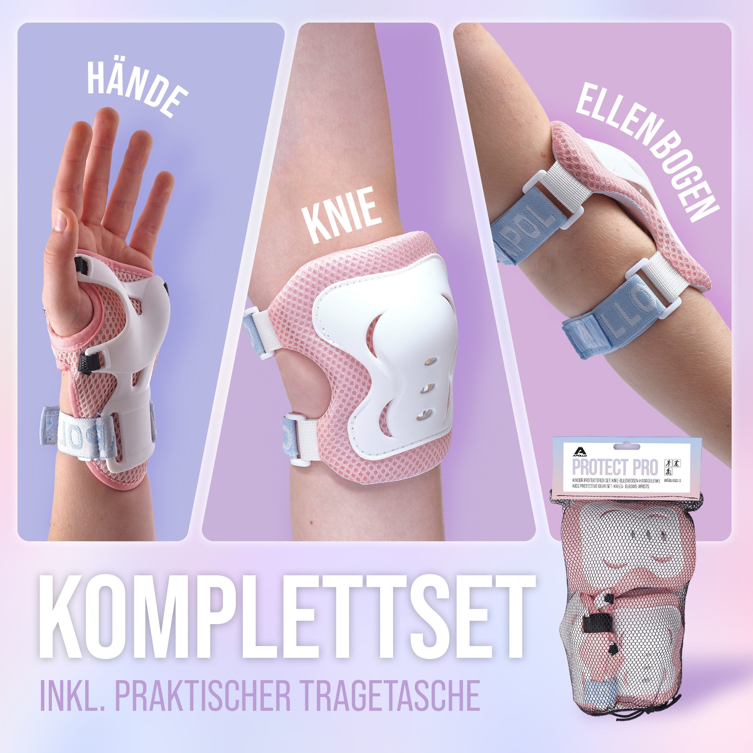 Apollo Protektoren-Set Schoner Set Kinder, Knie und Ellenbogenschützer Kinder, Protektoren (Ellenbogenschutz, Handgelenkschutz, Knieschutz), elastisch & verstellbar