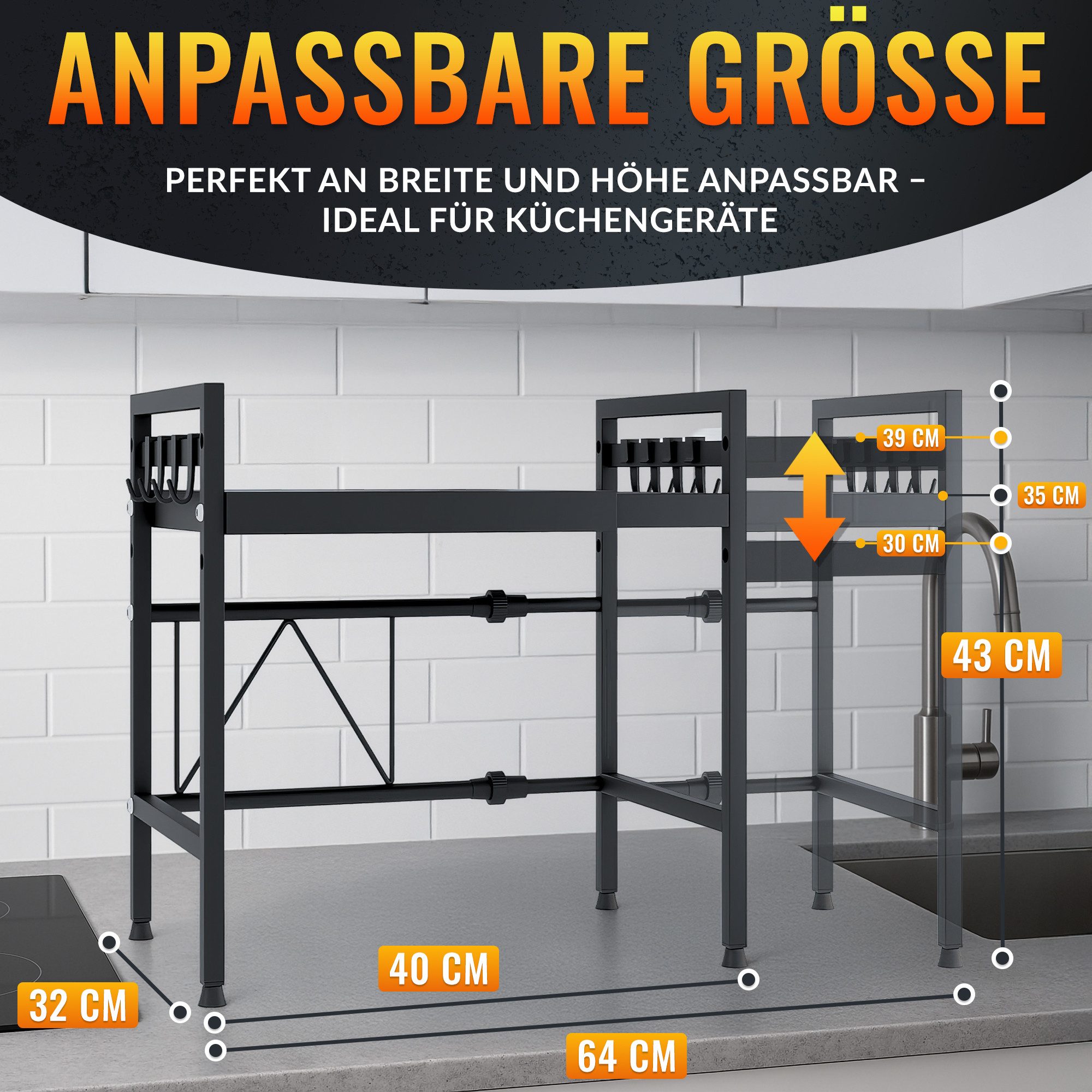 Allyson Regalelement Multifunktions-Mikrowellenregal Ausziehbares & Höhenverstellbar, Packungs-Set, 2-stufig, ausziehbar 40-64cm 50kg Tragkraft