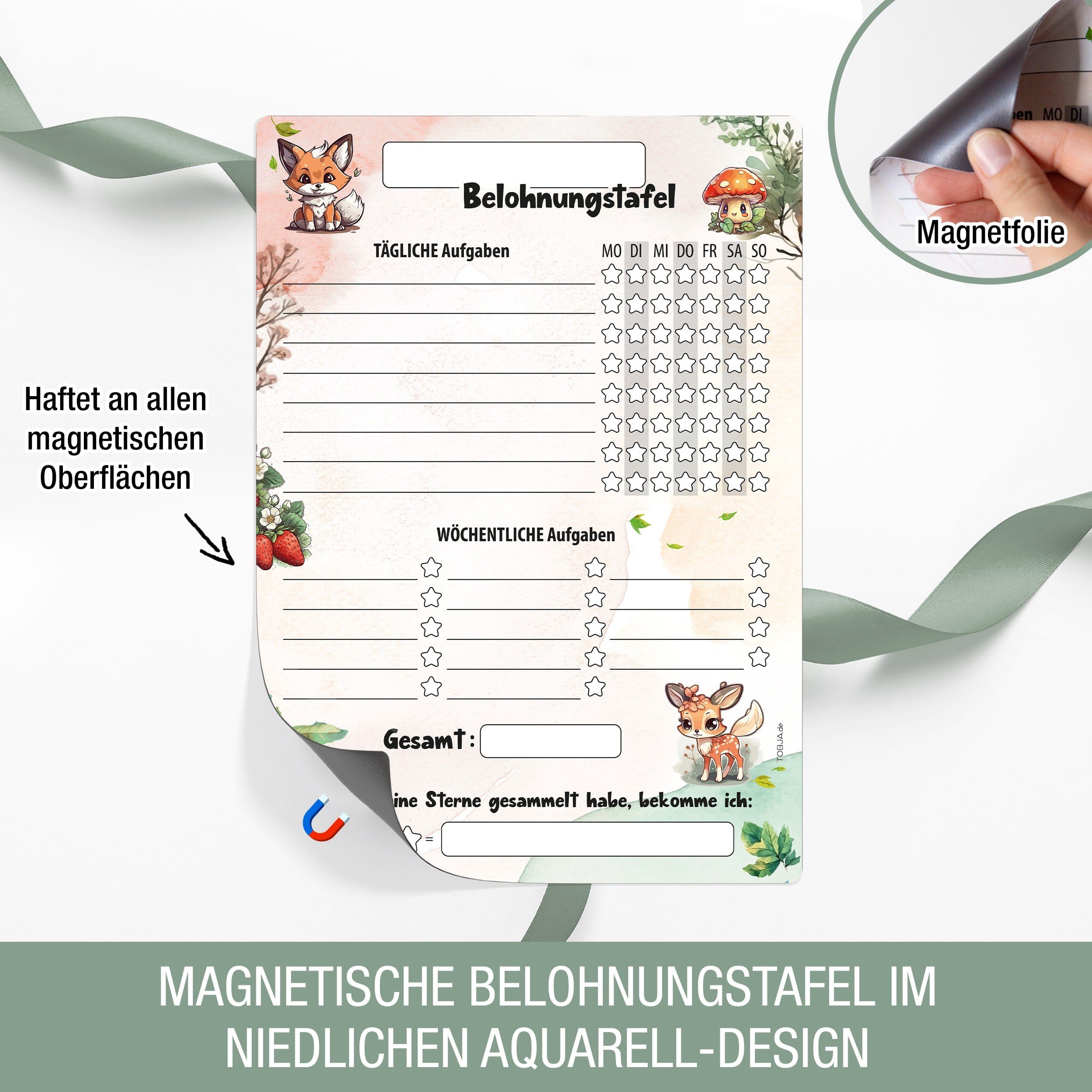 TOBJA Magnettafel Belohnungstafel Waldtiere für Kinder, A4 magnetisch, Töpfchentraining und Alltagsroutinen im Fuchs & Reh Design