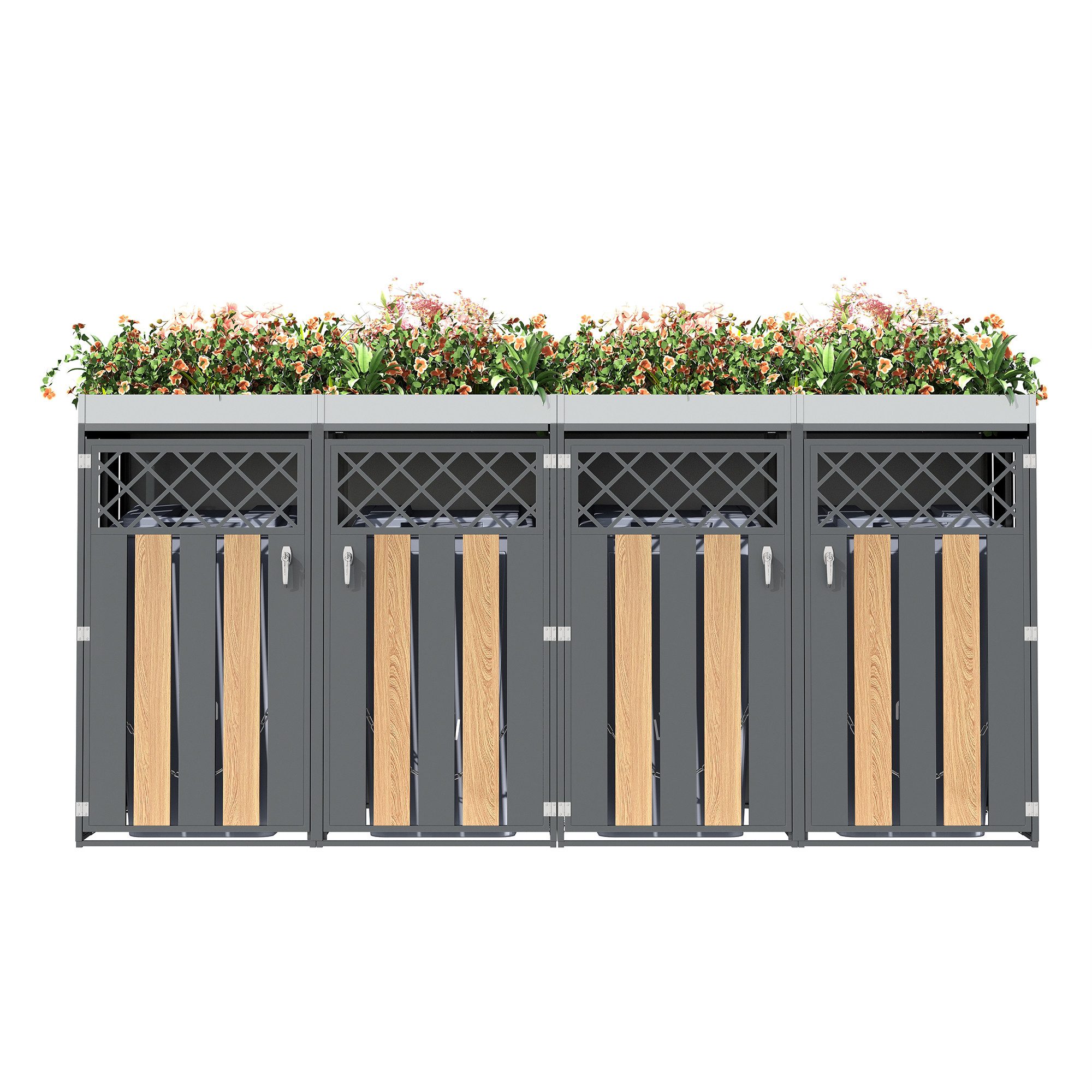 Refined Living Mülltonnenbox Mülltonnenbox Stahl mit Pflanzkasten, Schloss & Belüftung Holzoptik (Mülltonnenbox für 4 Tonnen, 264x80x124,5 cm, Stahl verzinkt, Grau Holzoptik, abschließbar, 2 St., 4 Türen, Pflanzkasten integriert, Rautenbelüftung, großes Volumen), Mülltrennung System, Garten Wohnanlage Gewerbe, wetterfest Outdoor