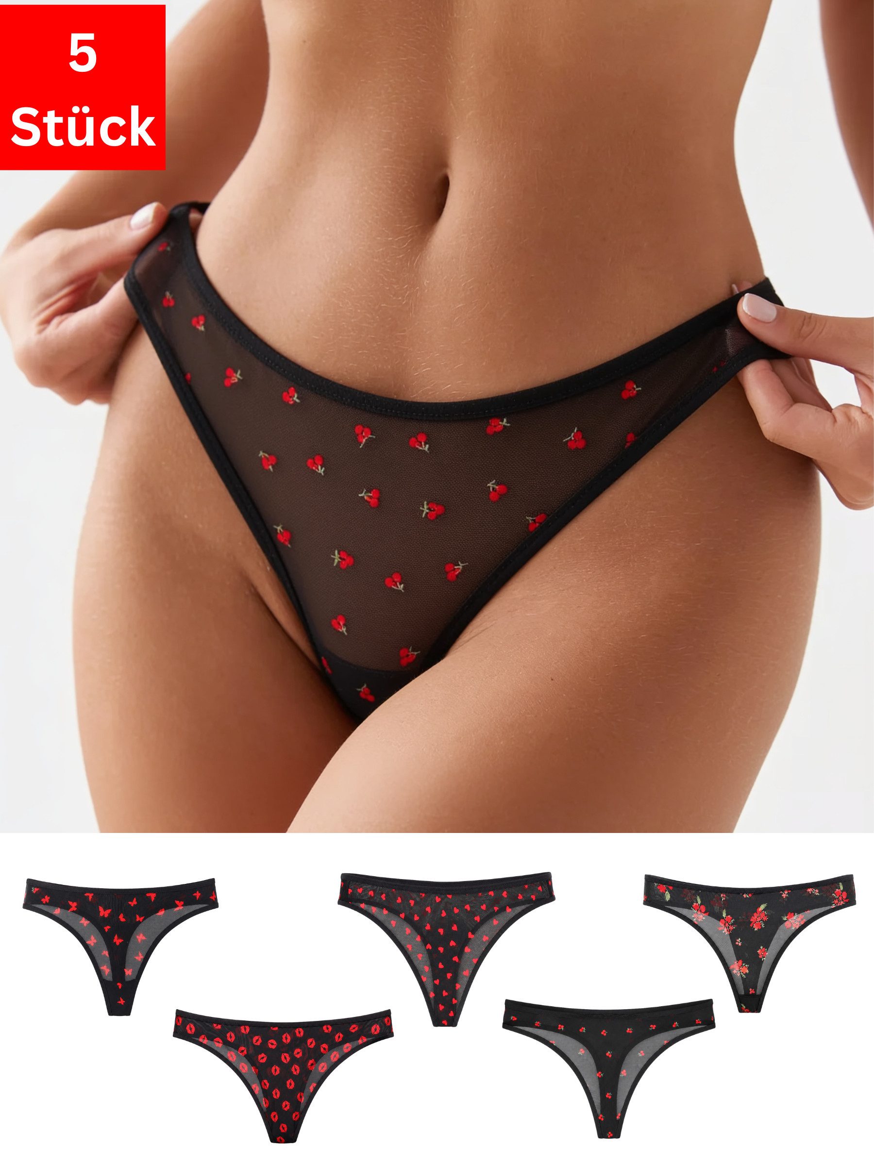 Elegant Love String Damen Stringtanga, transparentes Mesh, schwarz mit roten Prints (Packung, 5-St., 5er-Pack) Unterwäsche im Mehrpack – bequeme Panties