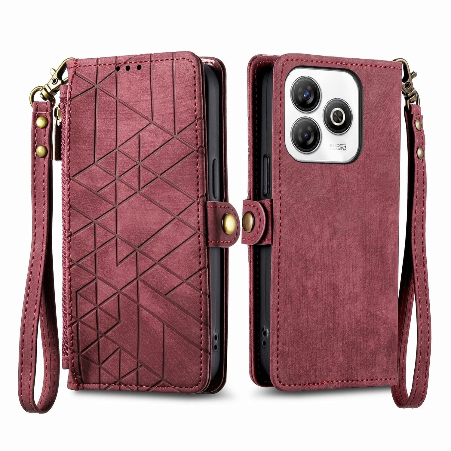 Wigento Handyhülle Für ZTE Blade A75 4G Design Kunstleder Zipper Book Wallet Tasche Rot, Kartenfächer, Reißverschlussfach, Standfunktion