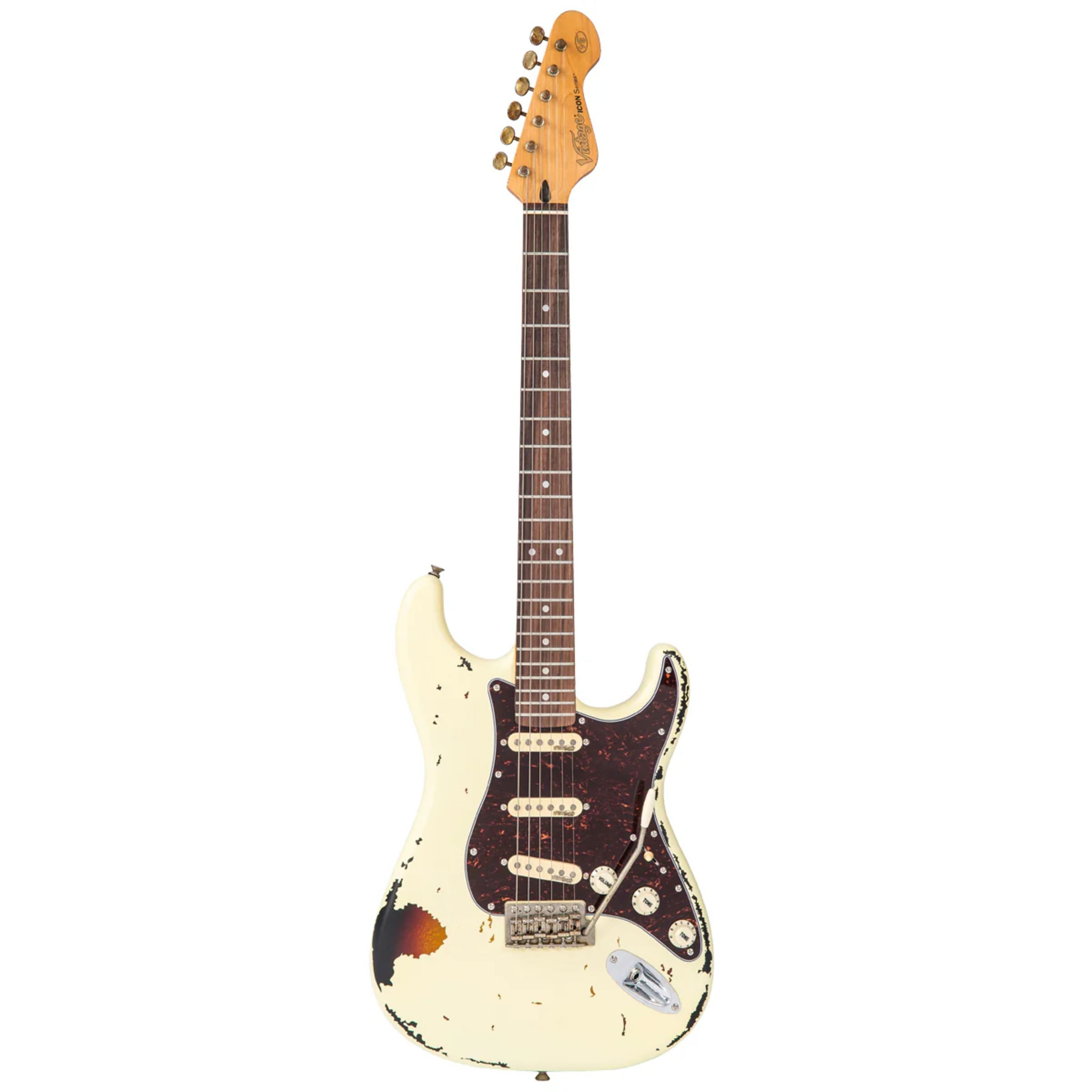 VINTAGE E-Gitarre, E-Gitarren, ST-Modelle, Icon V6MRVW Distressed White over Sunburst - E-Gitarre