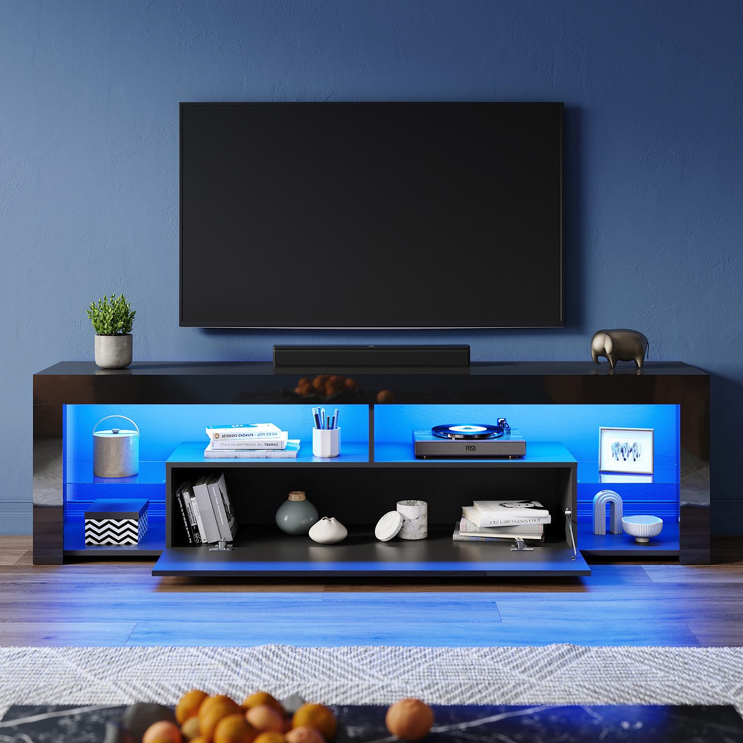 SONNI TV-Schrank Lowboard TV Schrank Schwarzer mit RGB-Lichteinblendung 140-180cm Mit 12 LEDs, Fernsehtisch mit Glas-Scheiden für Wohnzimmer